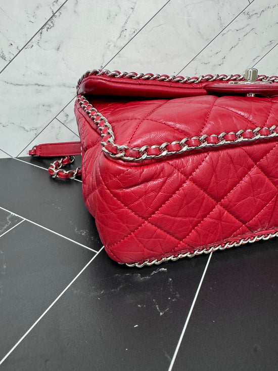 Chanel Red Crinkle Leather Running Chain Medium Single Flap