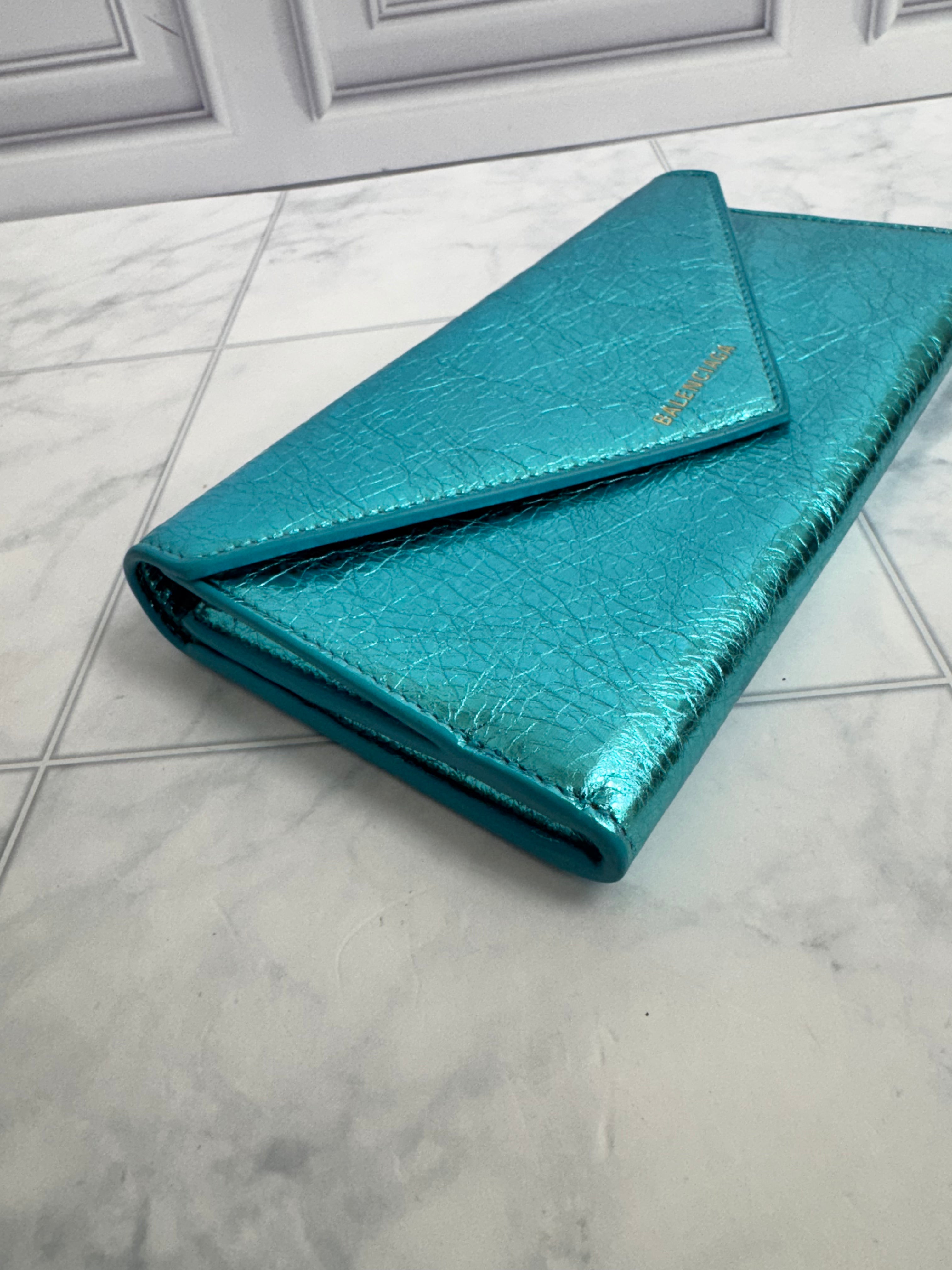 Balenciaga Metallic Turquoise Grained Leather Papier Long Wallet