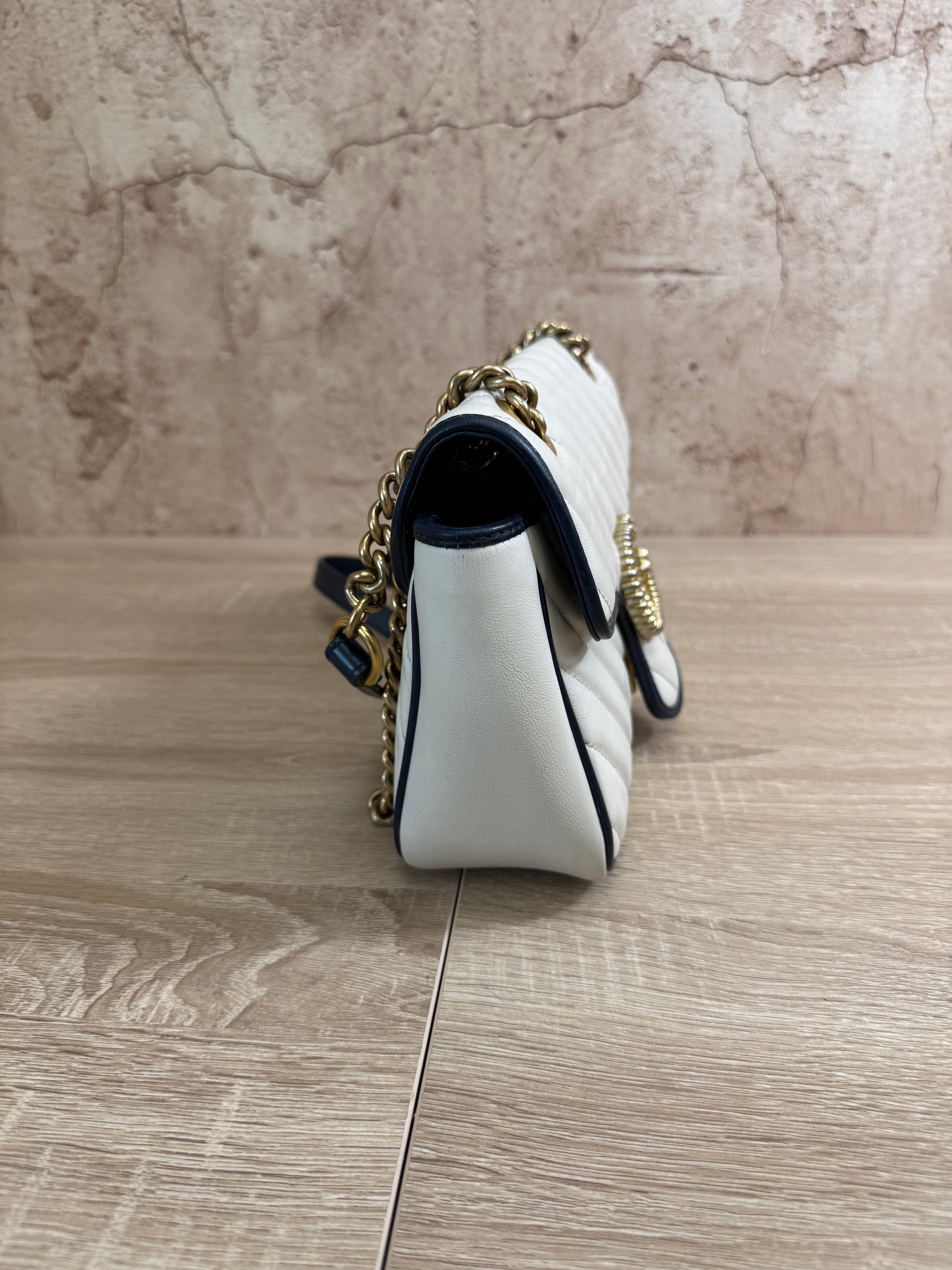 Gucci White And Navy GG Marmont Medium Flap Bag