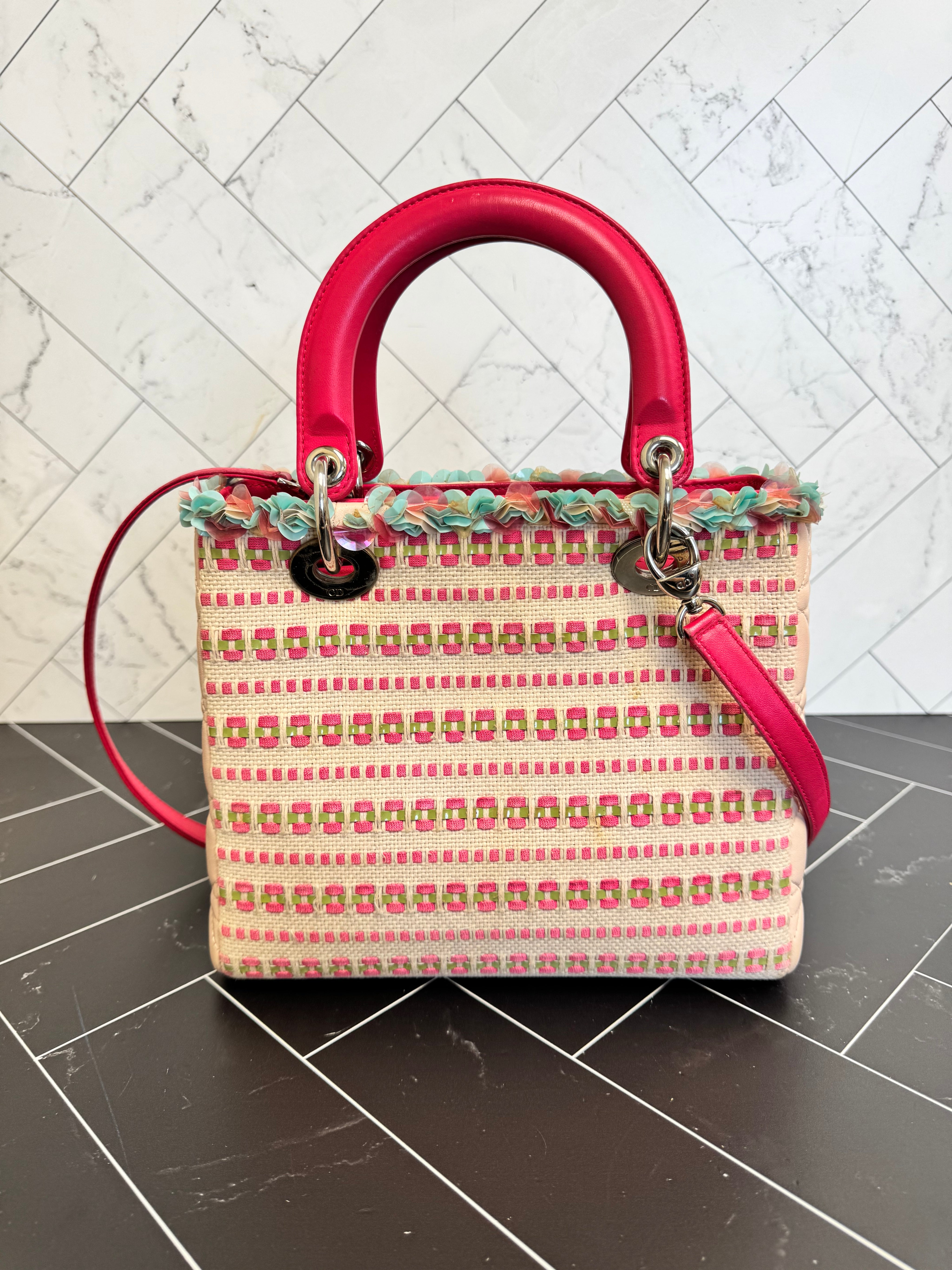 Christian Dior Pink Multicolor Woven Tweed & Cannage Leather Lady Dior