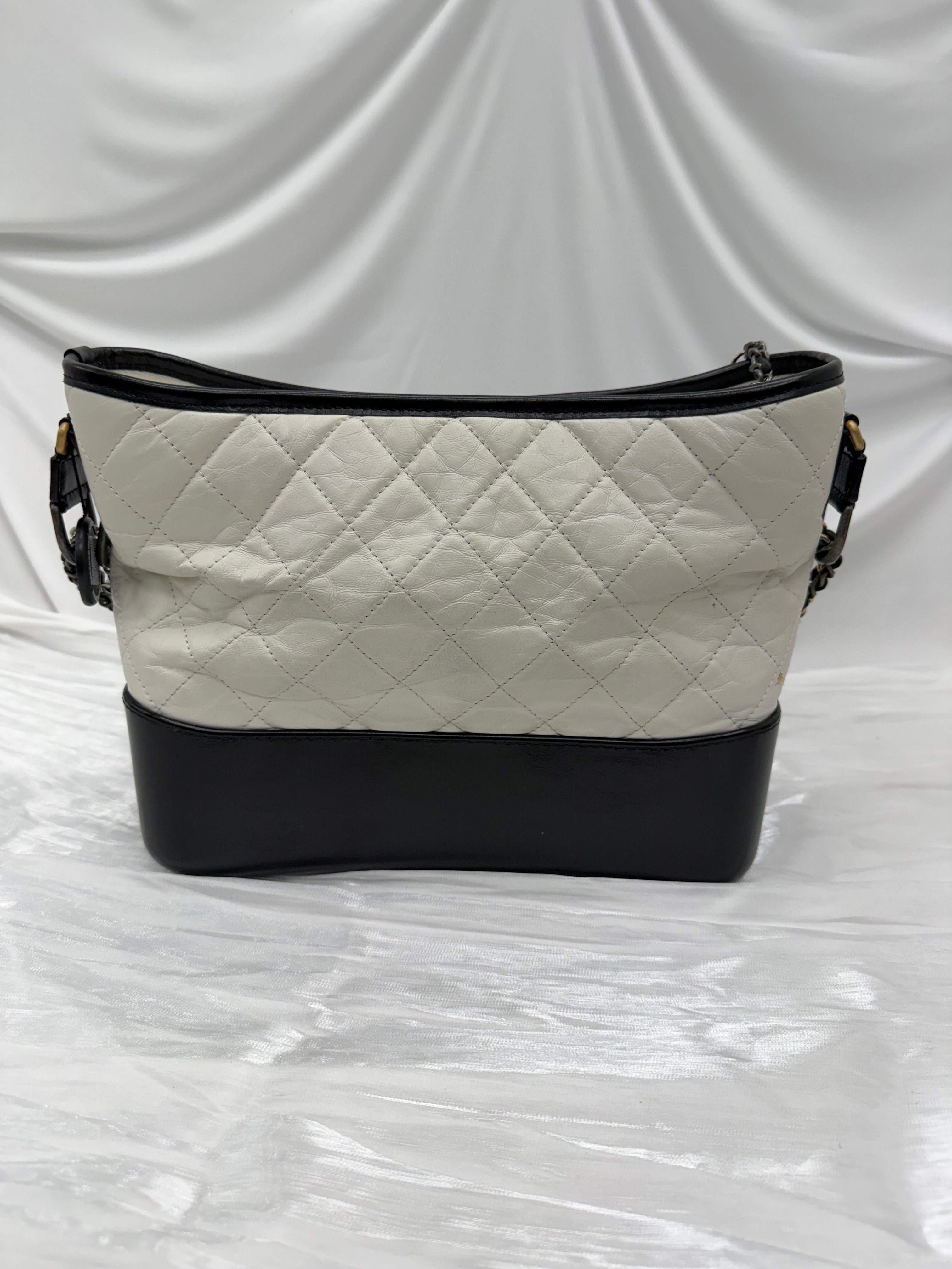 Chanel White & Black Aged Quilted Calfskin Medium Gabrielle Hobo Bag