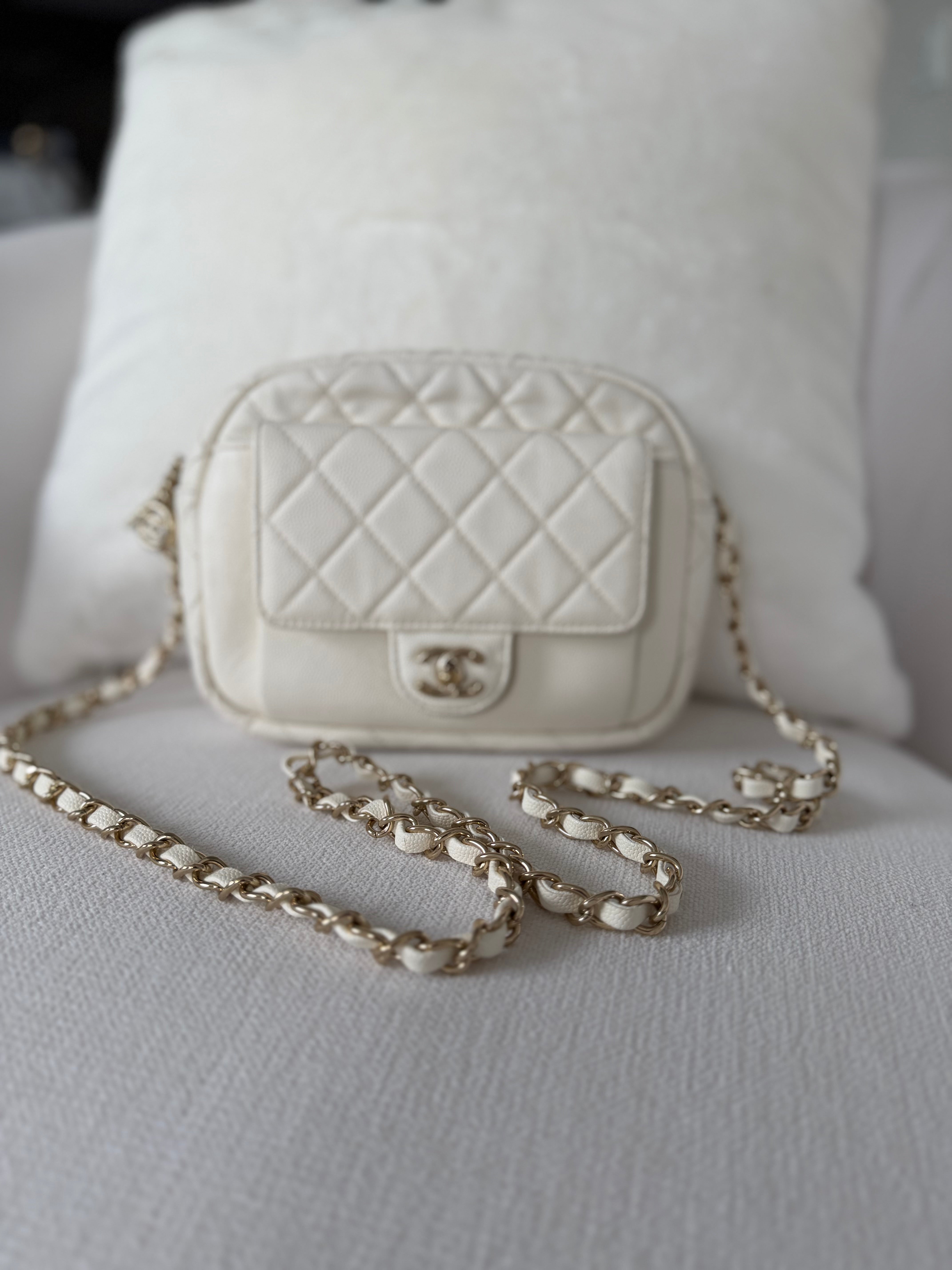 Chanel White Quilted Caviar CC Day Camera Case