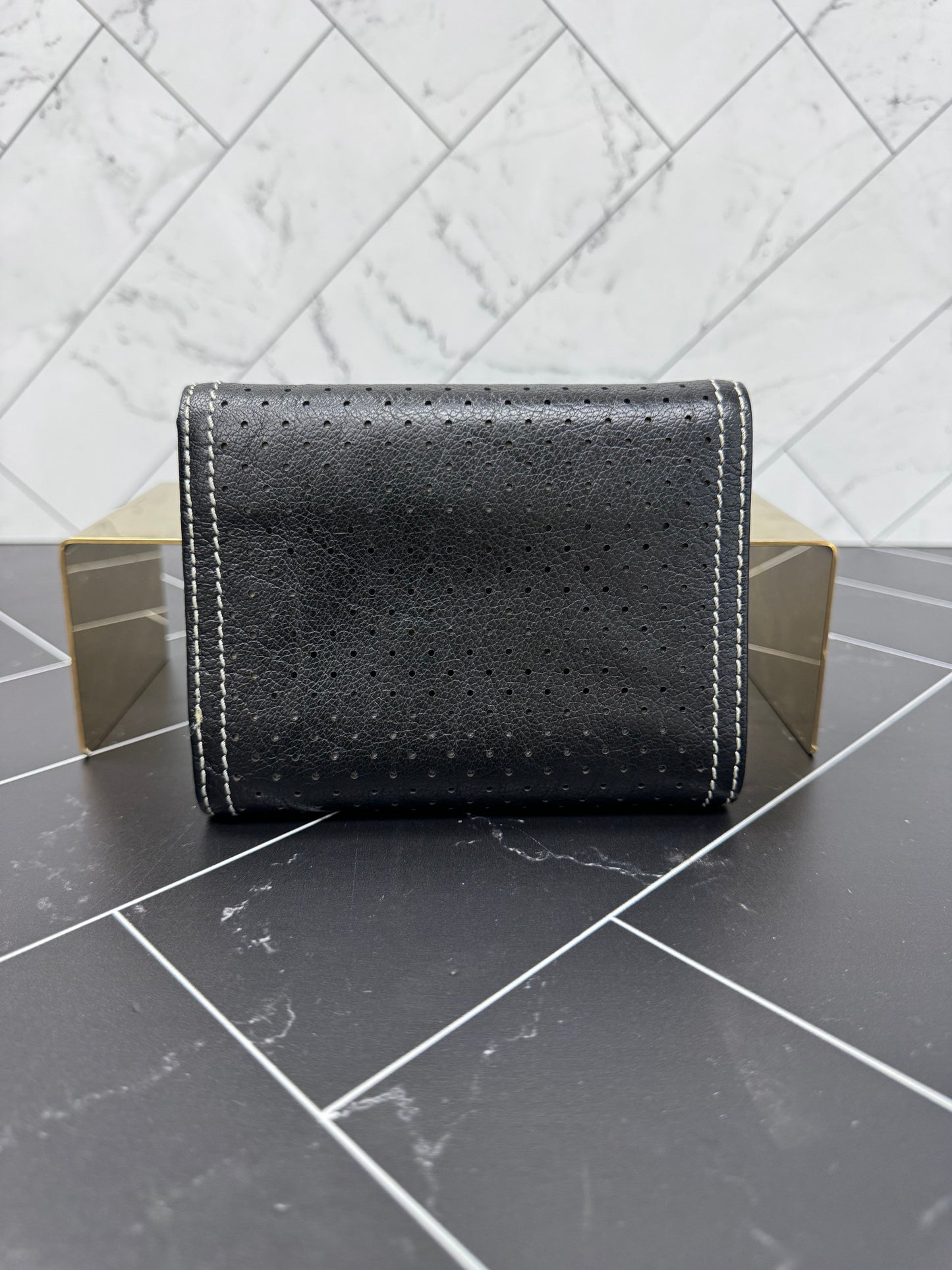 Prada Black Perforated Leather Trifold Wallet