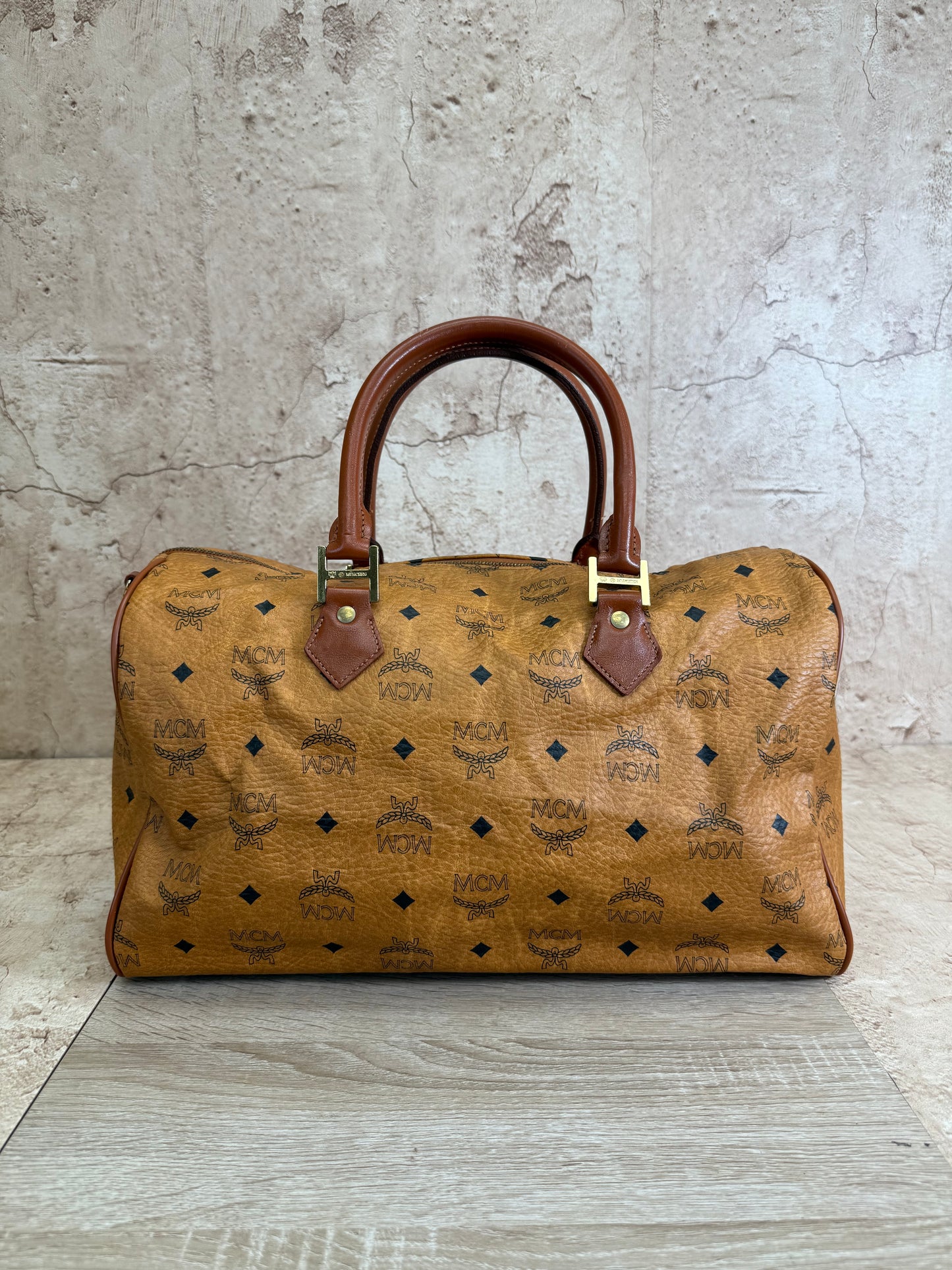 MCM Brown Leather Boston Bag