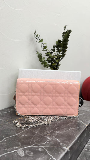 *DONS DROP* Christian Dior Pink Cannage Quilted Patent Leather Lady Dior Wallet on a Chain