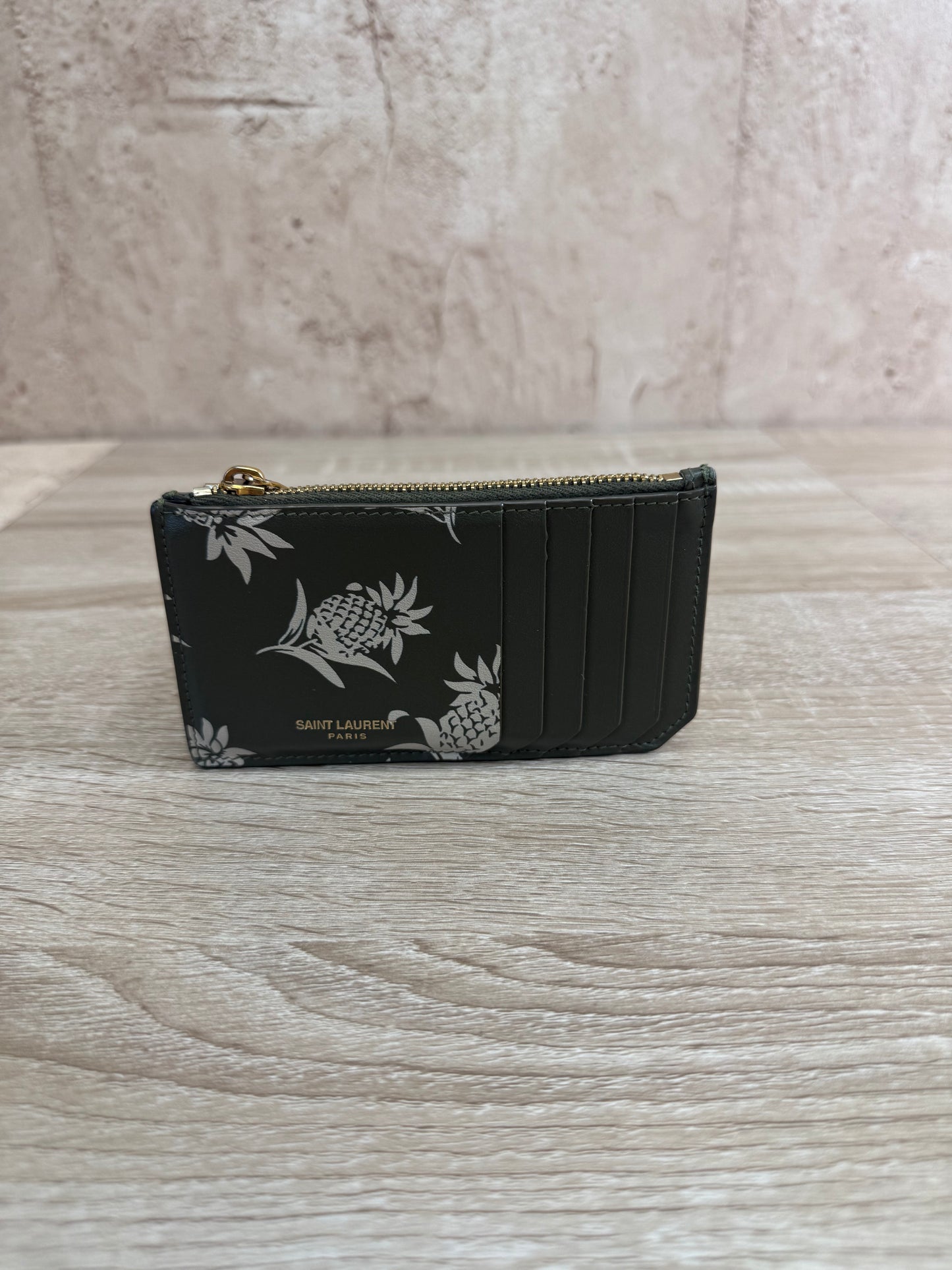 Saint Laurent YSL Green Leather Pineapple Zip Card Coin Case