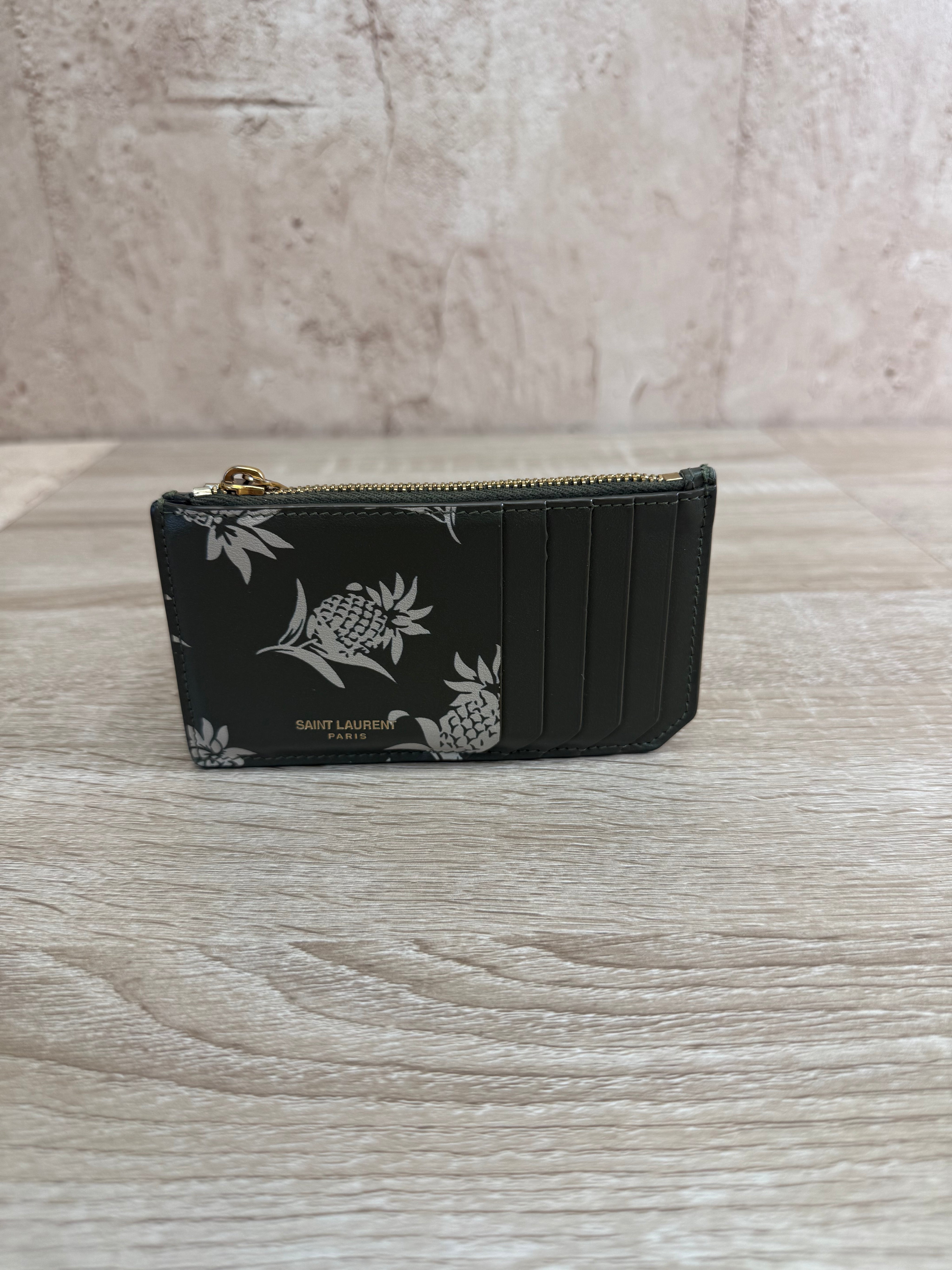 Saint Laurent YSL Green Leather Pineapple Zip Card Coin Case