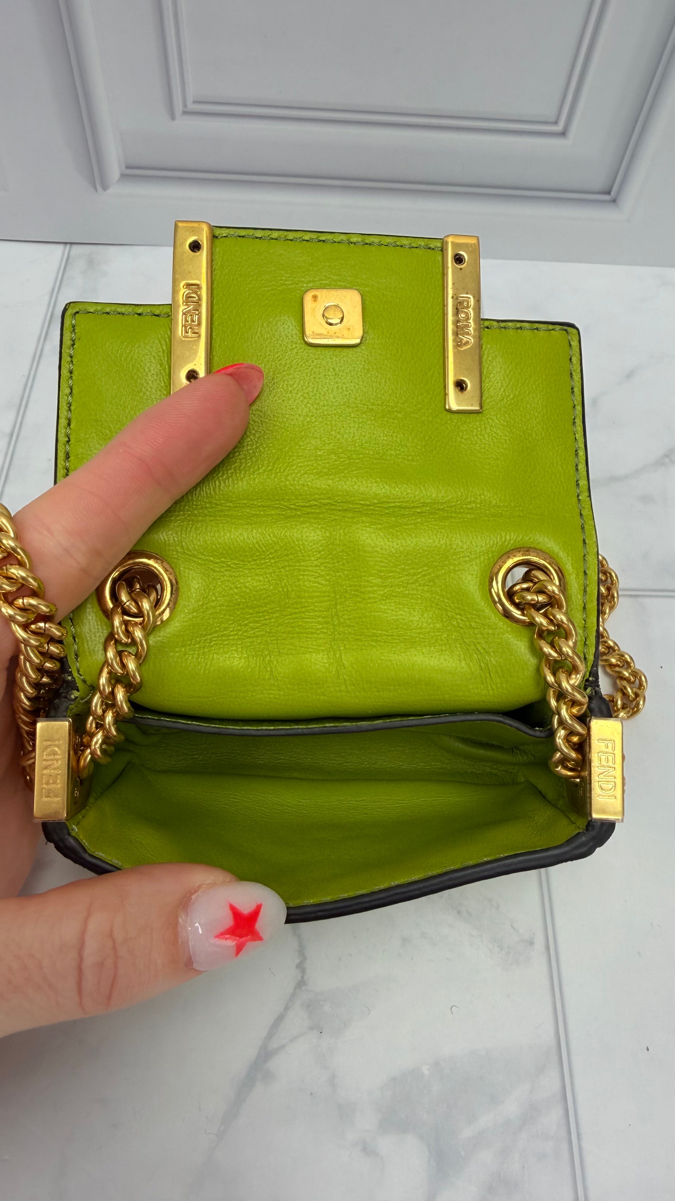 *DONS DROP* Fendi Green Embossed Zucca Nano Baguette Chain Bag