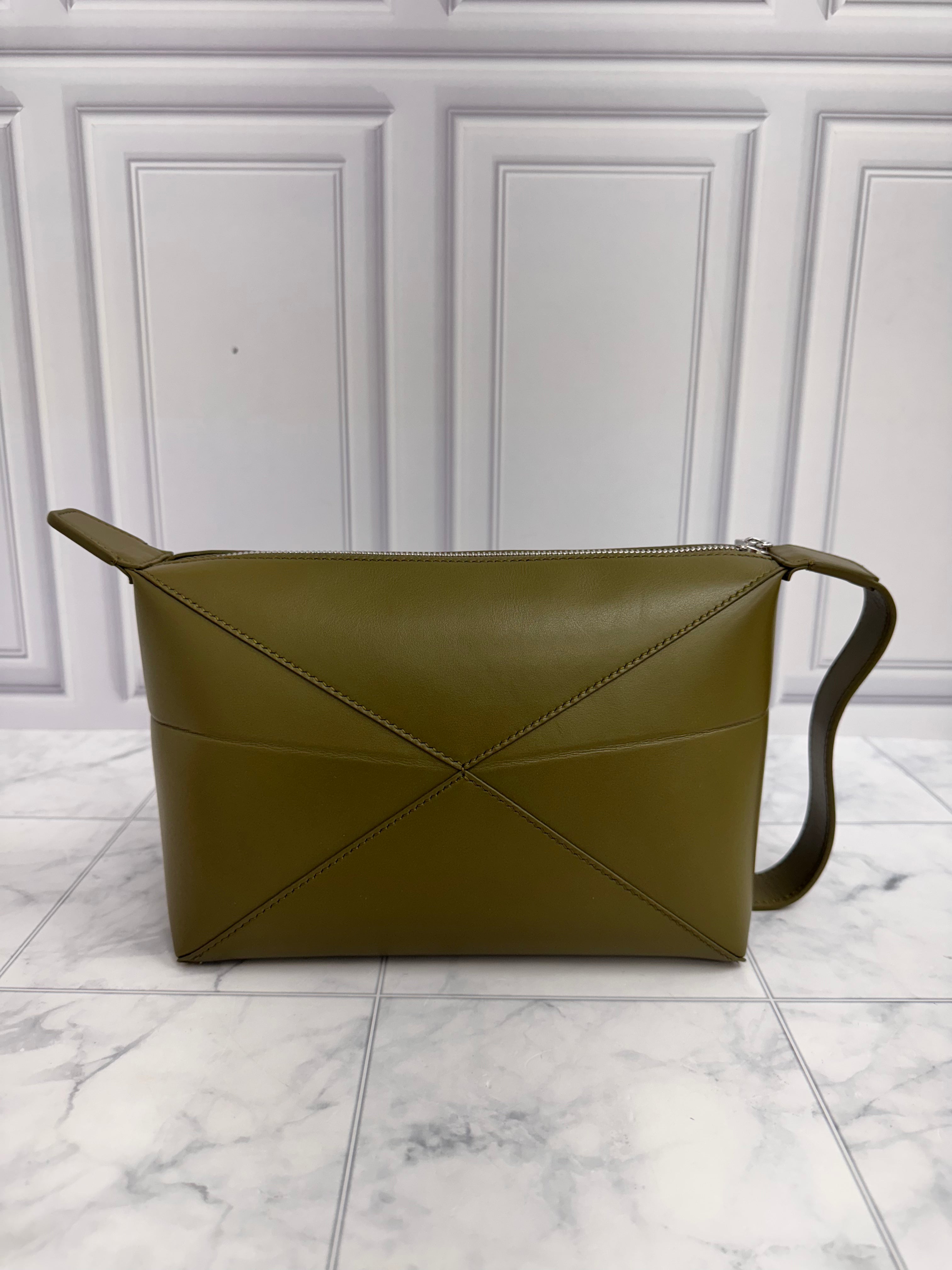 Loewe Green Leather Puzzle Fold Wash Bag