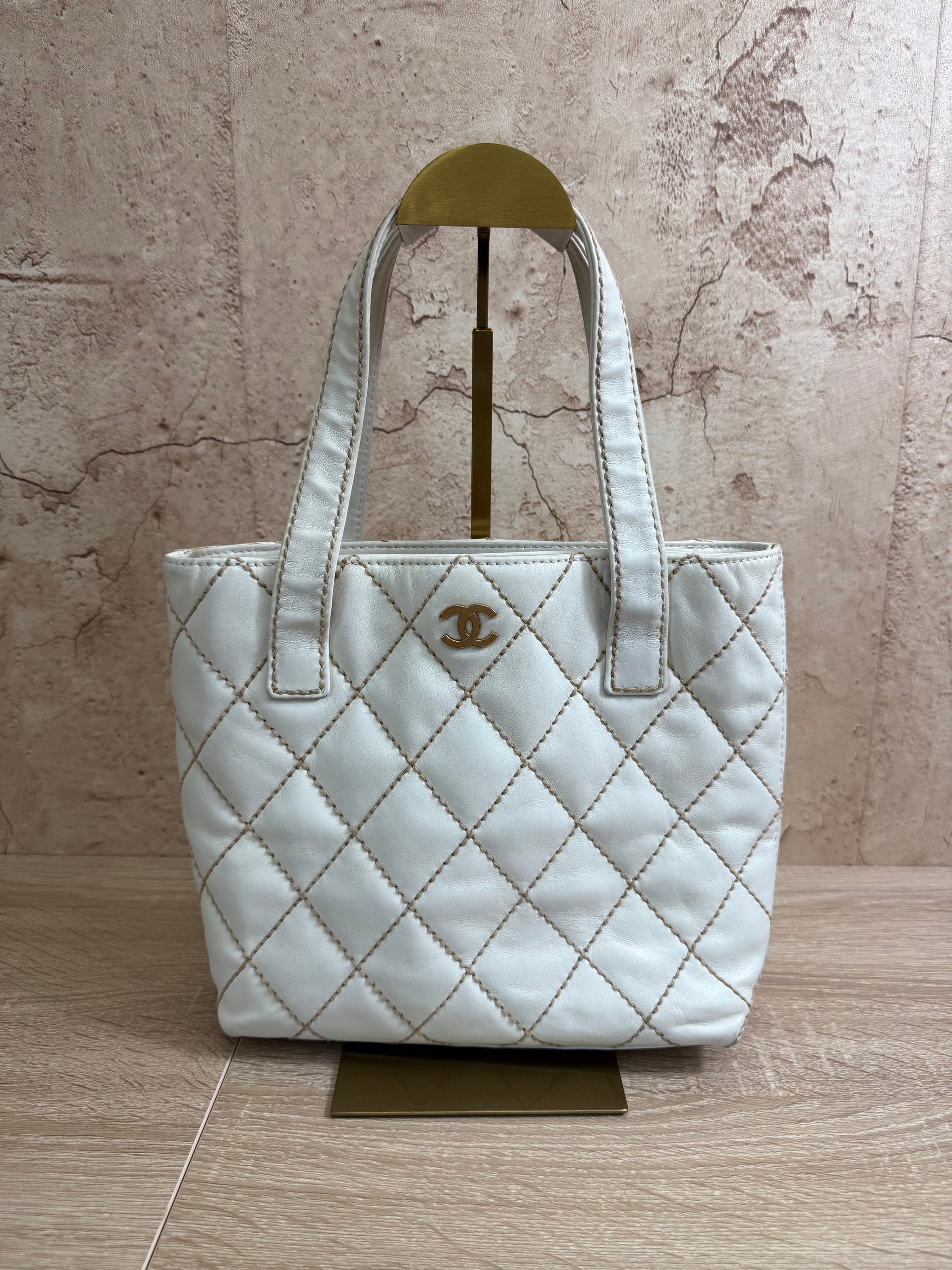Chanel White Calfskin Wild Stitch Tote Bag