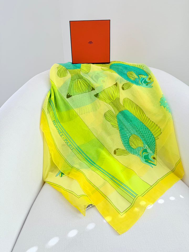 Hermes Yellow Aqua 100% Cotton Shawl