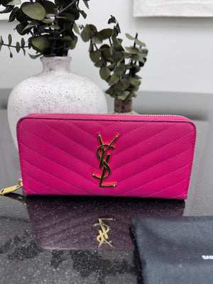 Saint Laurent YSL Pink Quilted Caviar Leather Zippy Wallet