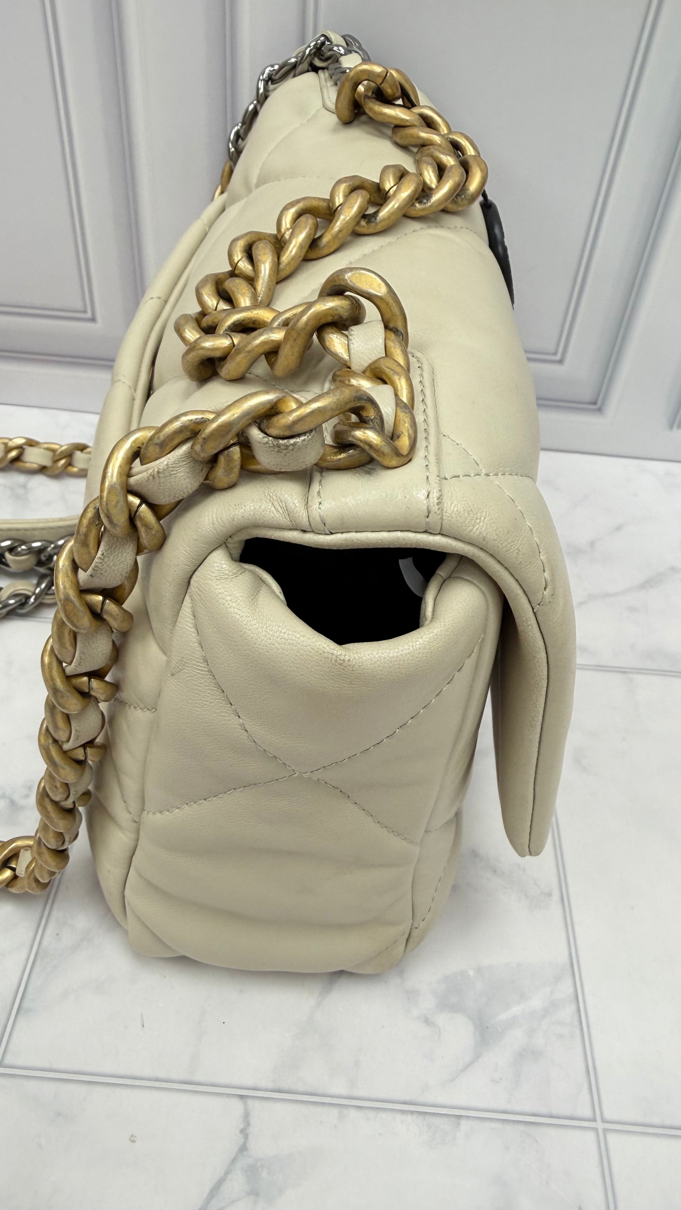 Chanel Beige Quilted Lambskin Chanel 19 Medium Flap Bag