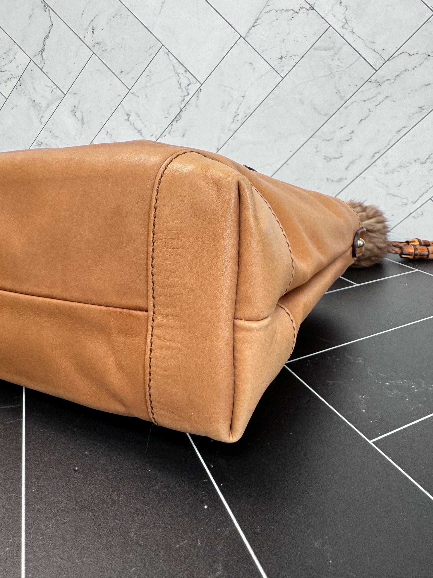 Gucci Tan Leather Craft Bag with Fur Pouch