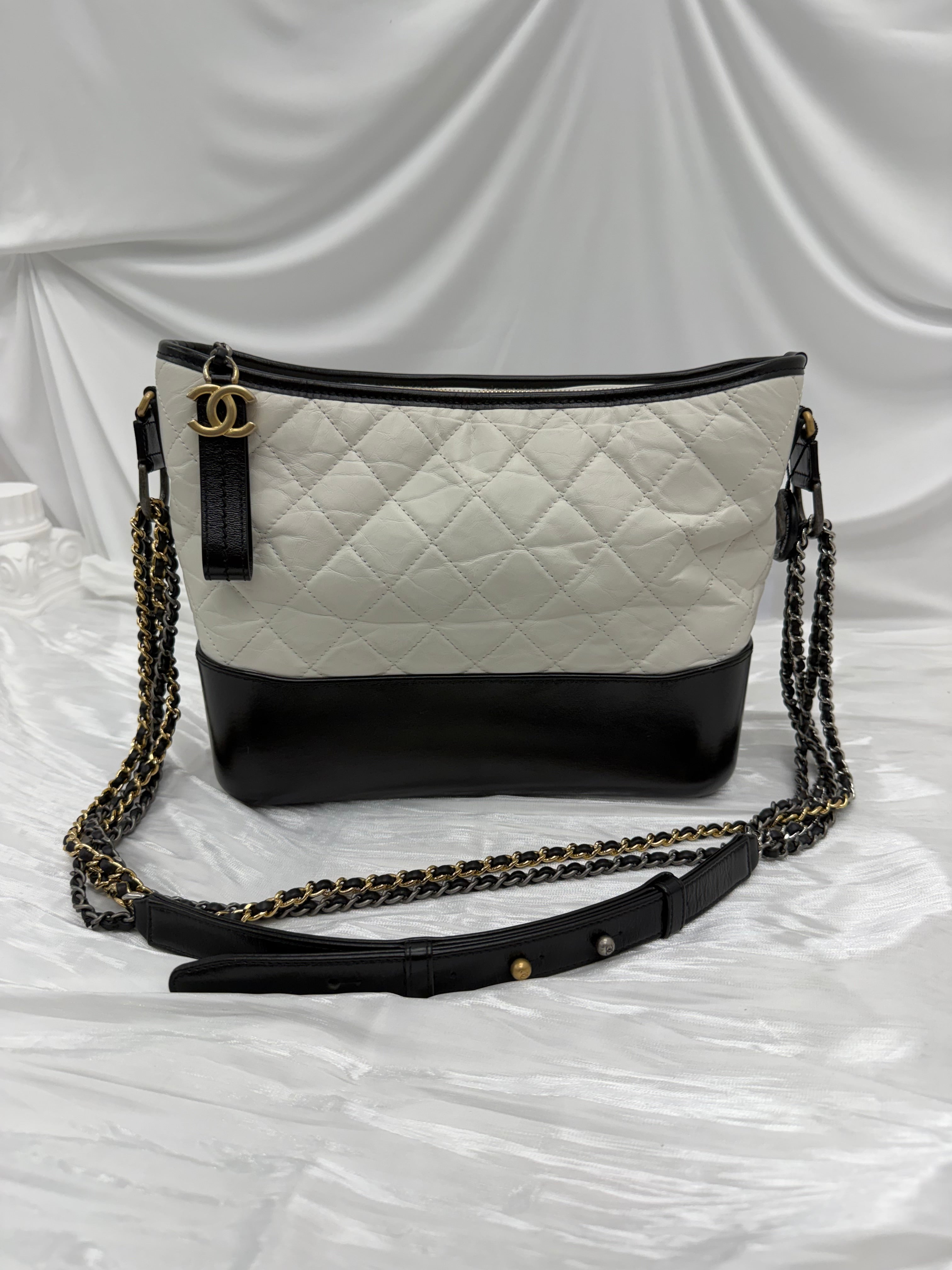 Chanel White & Black Aged Quilted Calfskin Medium Gabrielle Hobo Bag