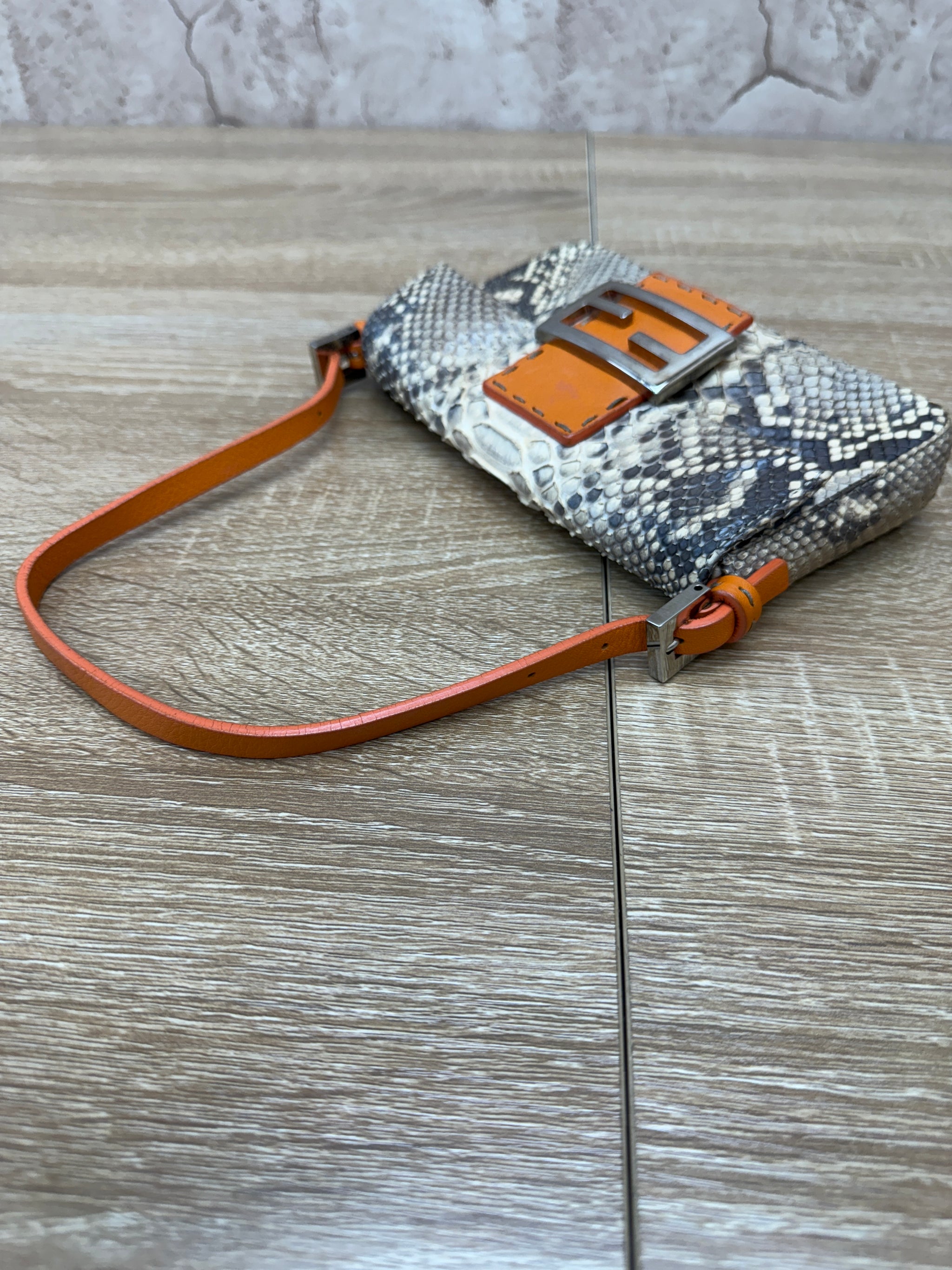 Fendi Orange Leather and Python Selleria Baguette Bag