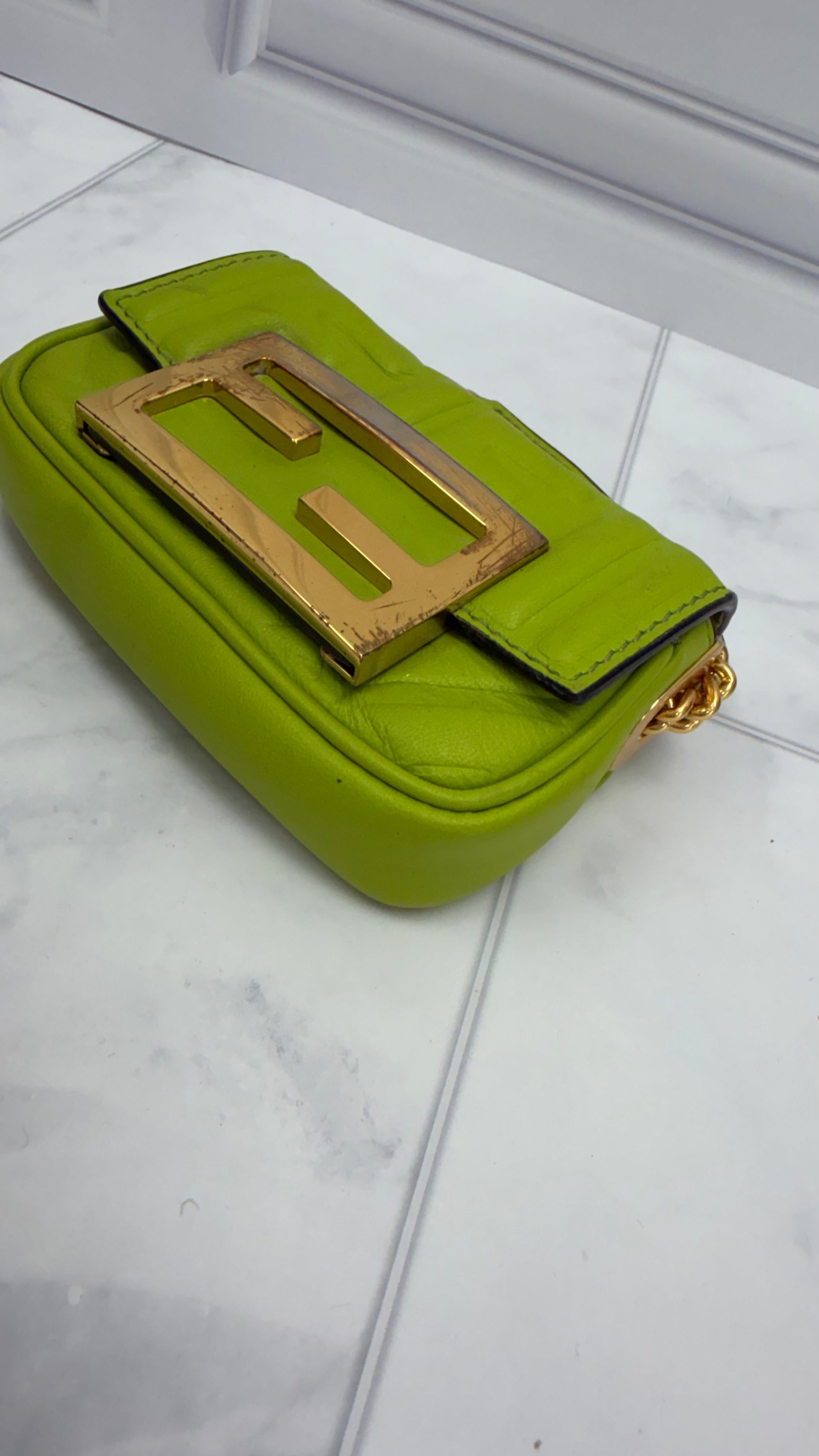 *DONS DROP* Fendi Green Embossed Zucca Nano Baguette Chain Bag