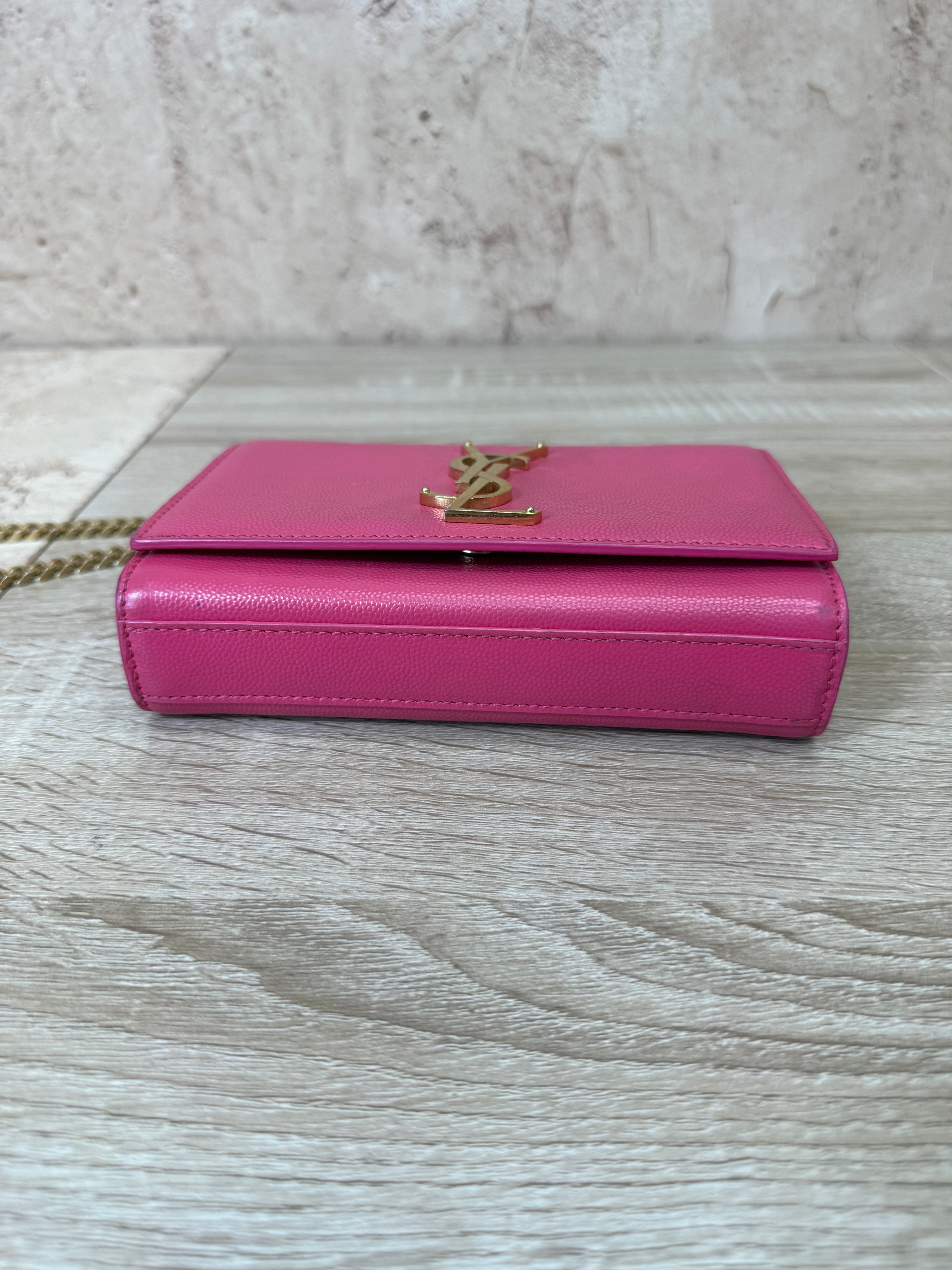 Saint Laurent YSL Hot Pink Pebbled Leather Kate Crossbody Bag