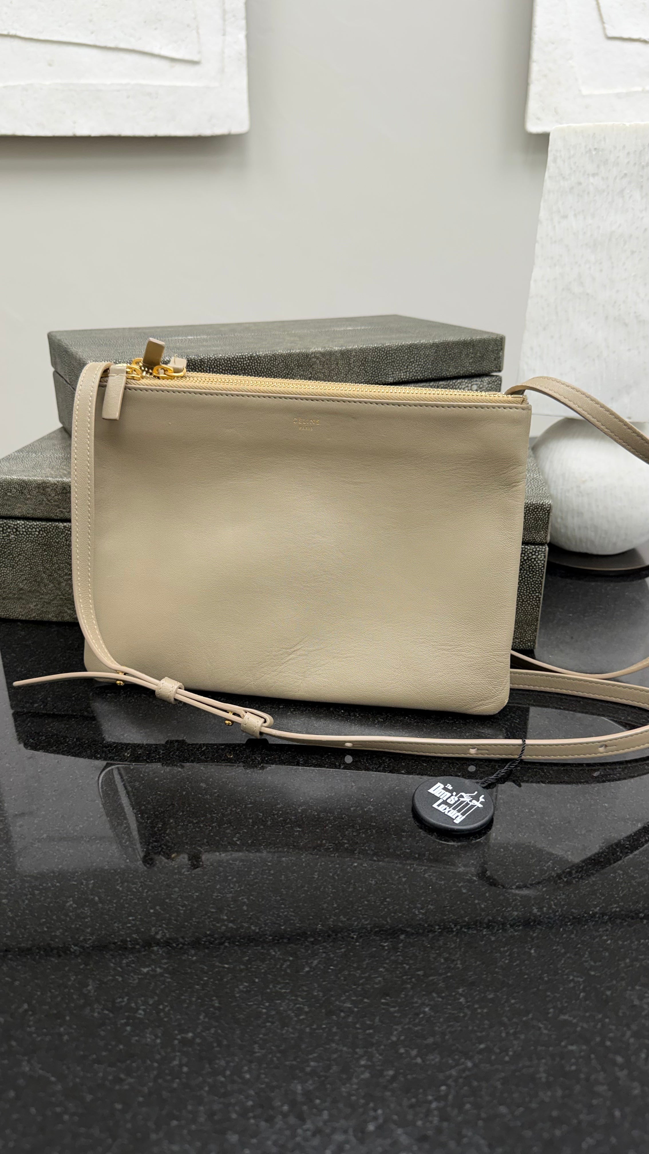 Celine Beige Lambskin Small Trio Zip Pouch Crossbody