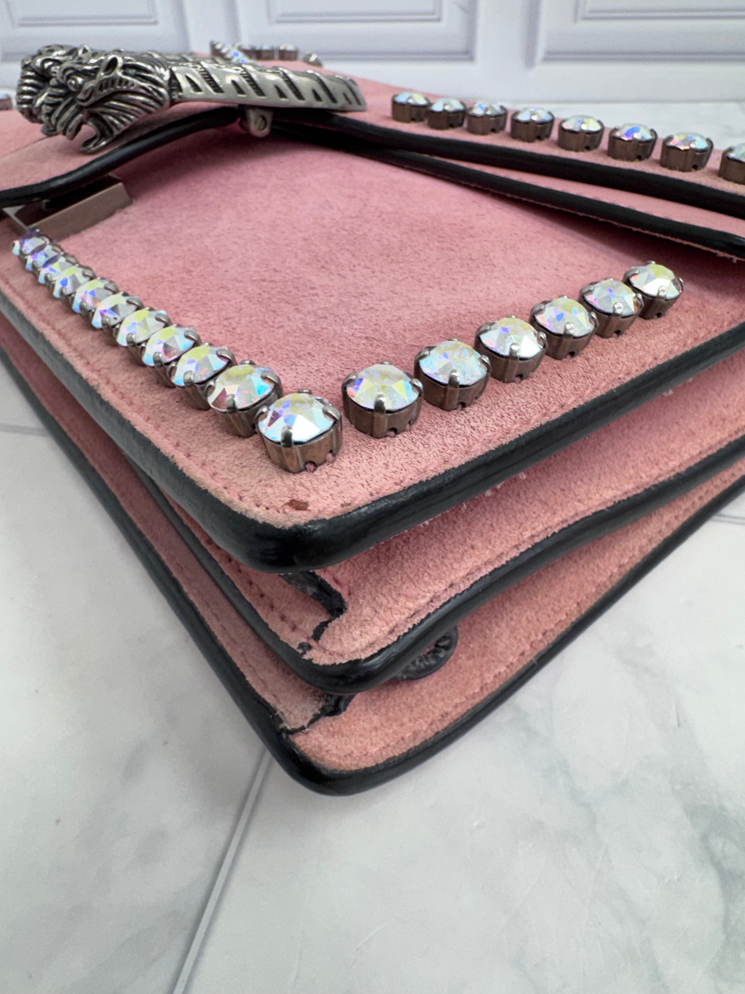 Gucci Pink Suede Crystal Dionysus Small Chain Shoulder Bag