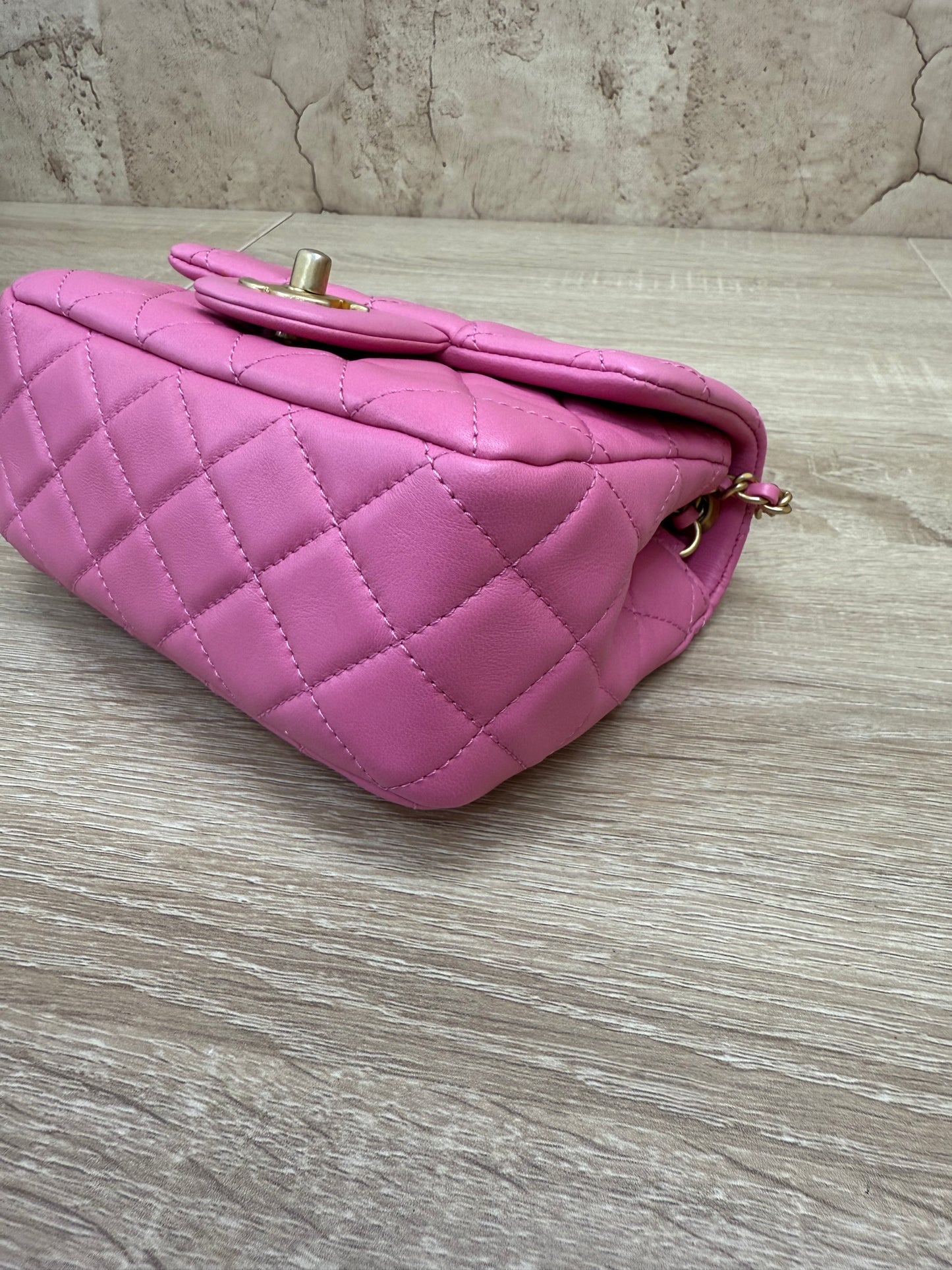 LIKE NEW- Chanel Pink Quilted Lambskin Mini Square Pearl Crush Flap Bag