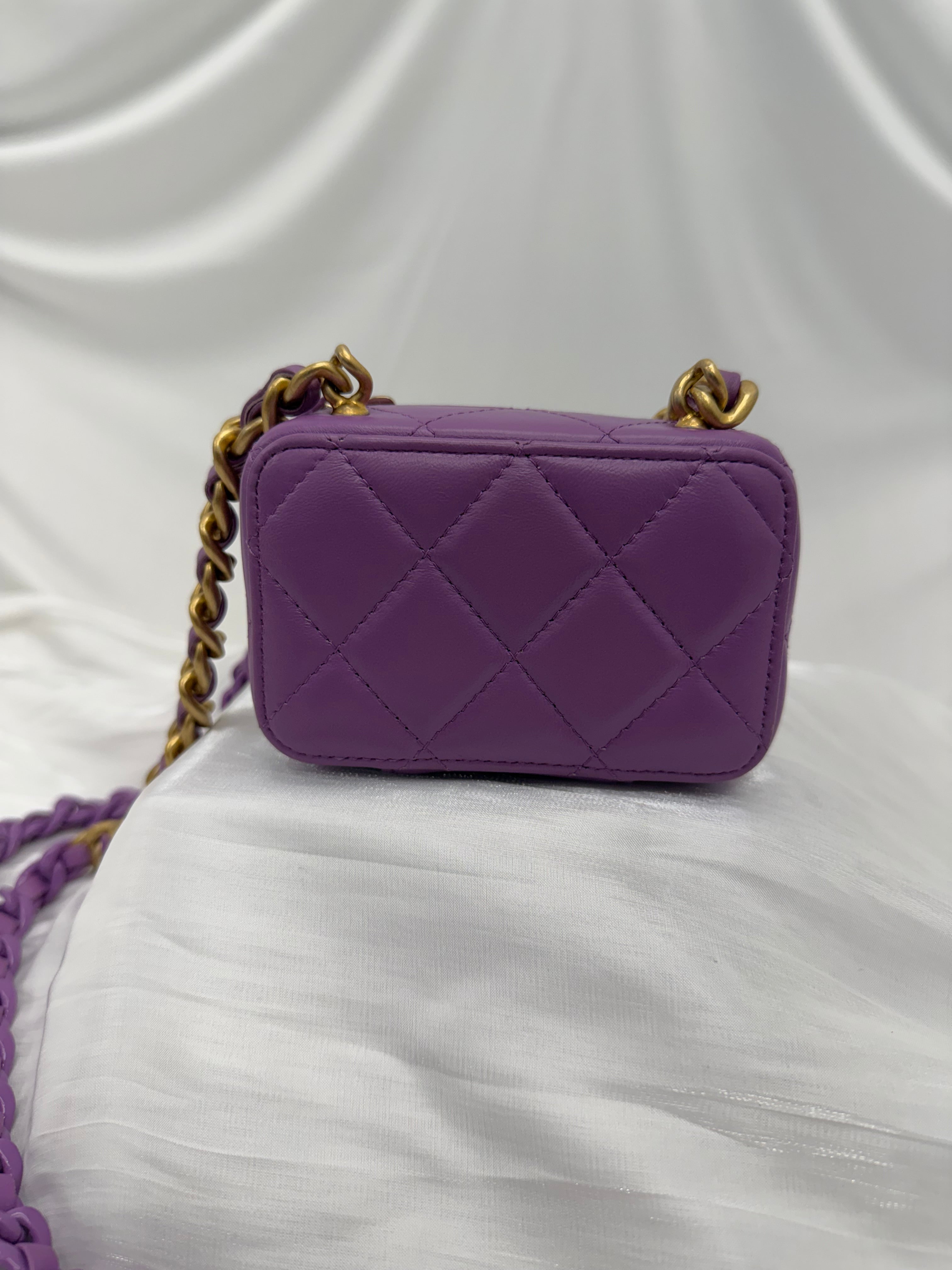 Like New- Chanel Purple Quilted Lambskin Mini CC Zip Around Card Holder on a Chain