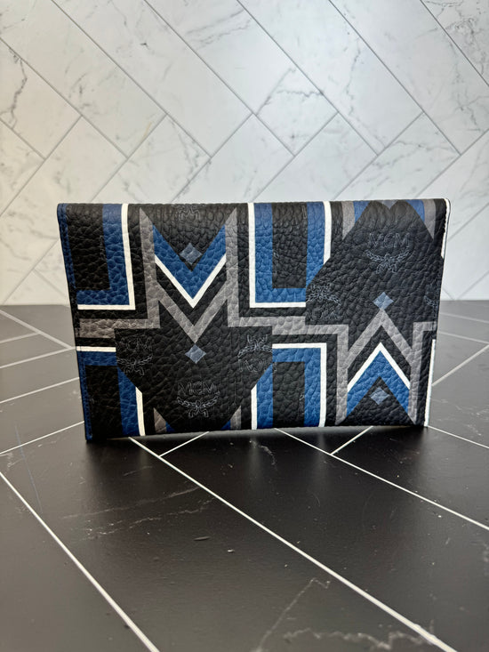 Mcm Black & Blue M Stripe Visetos Clutch Bag