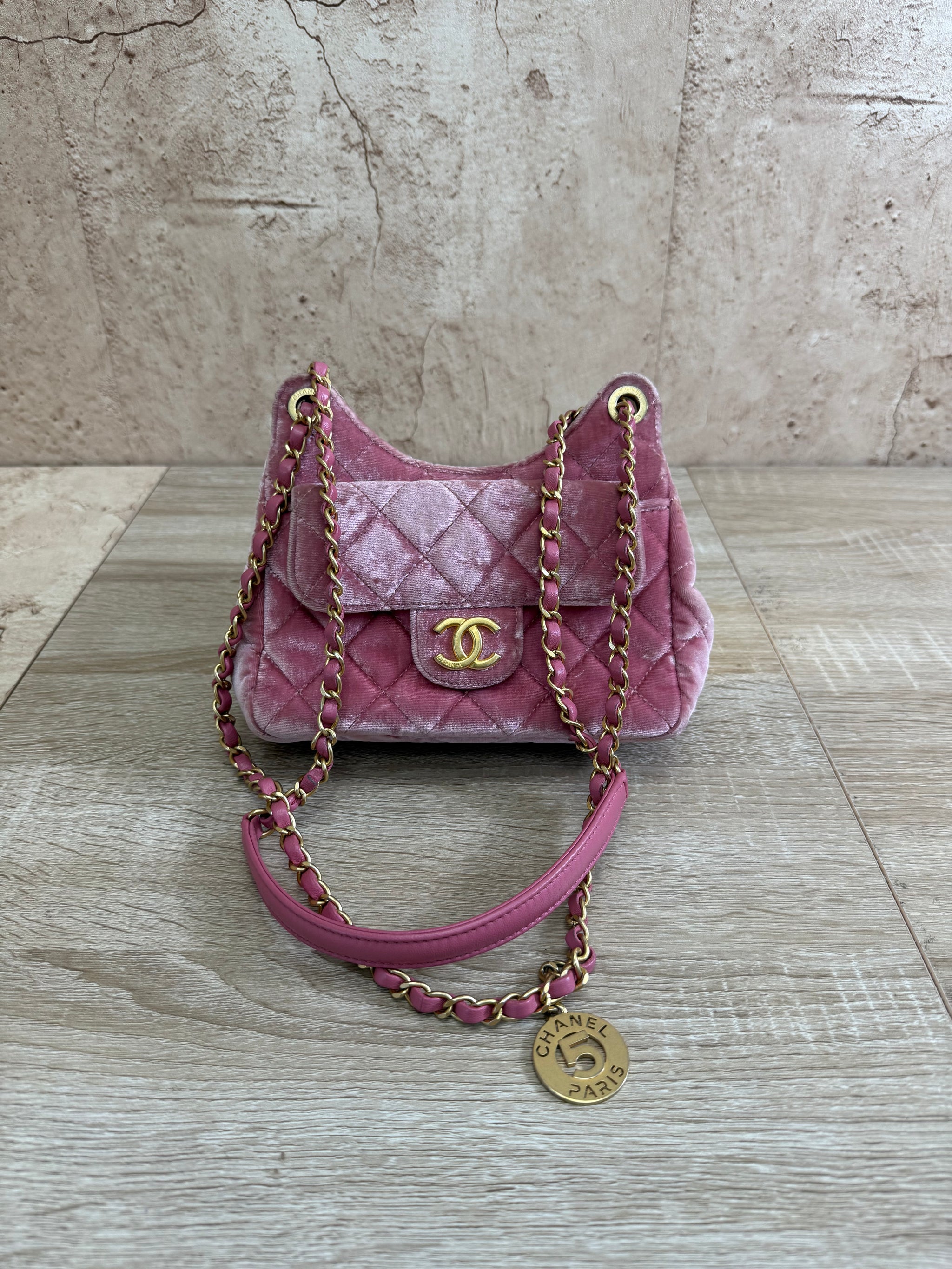 Chanel Pink Velvet Wavy Hobo Bag