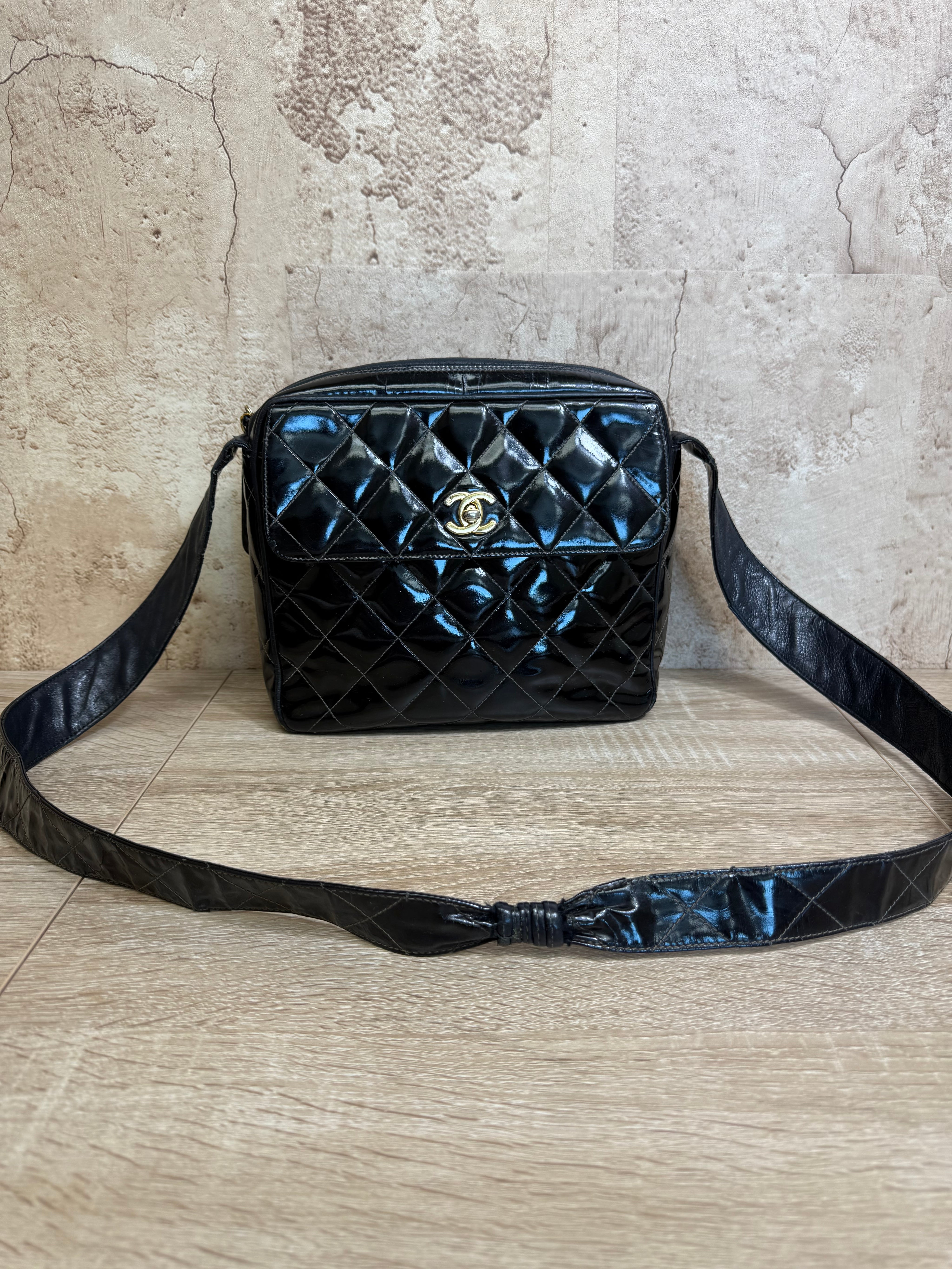 Chanel Black Patent Leather Quilted Crossbody Bag