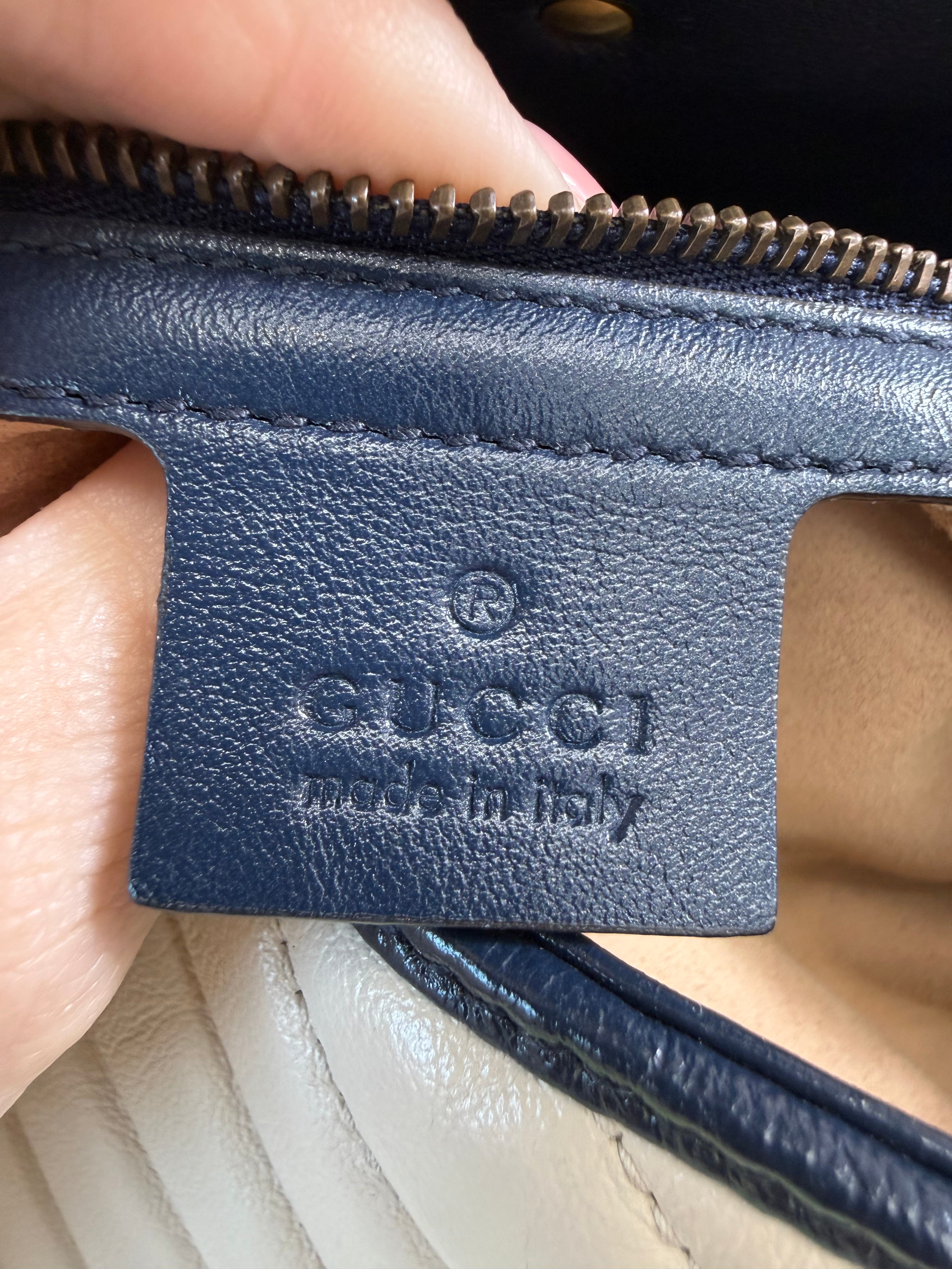 Gucci White And Navy GG Marmont Medium Flap Bag