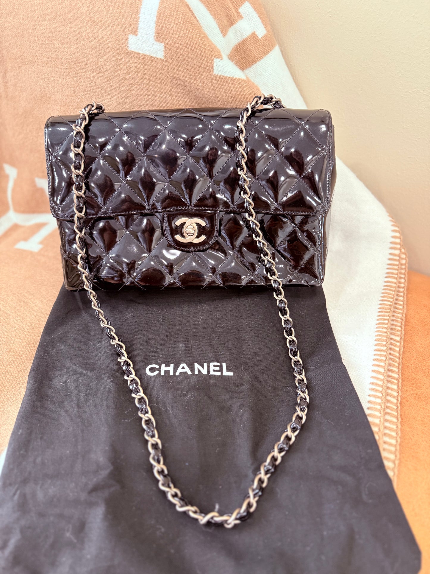 Chanel Quilted Black Patent Leather Flap Bag