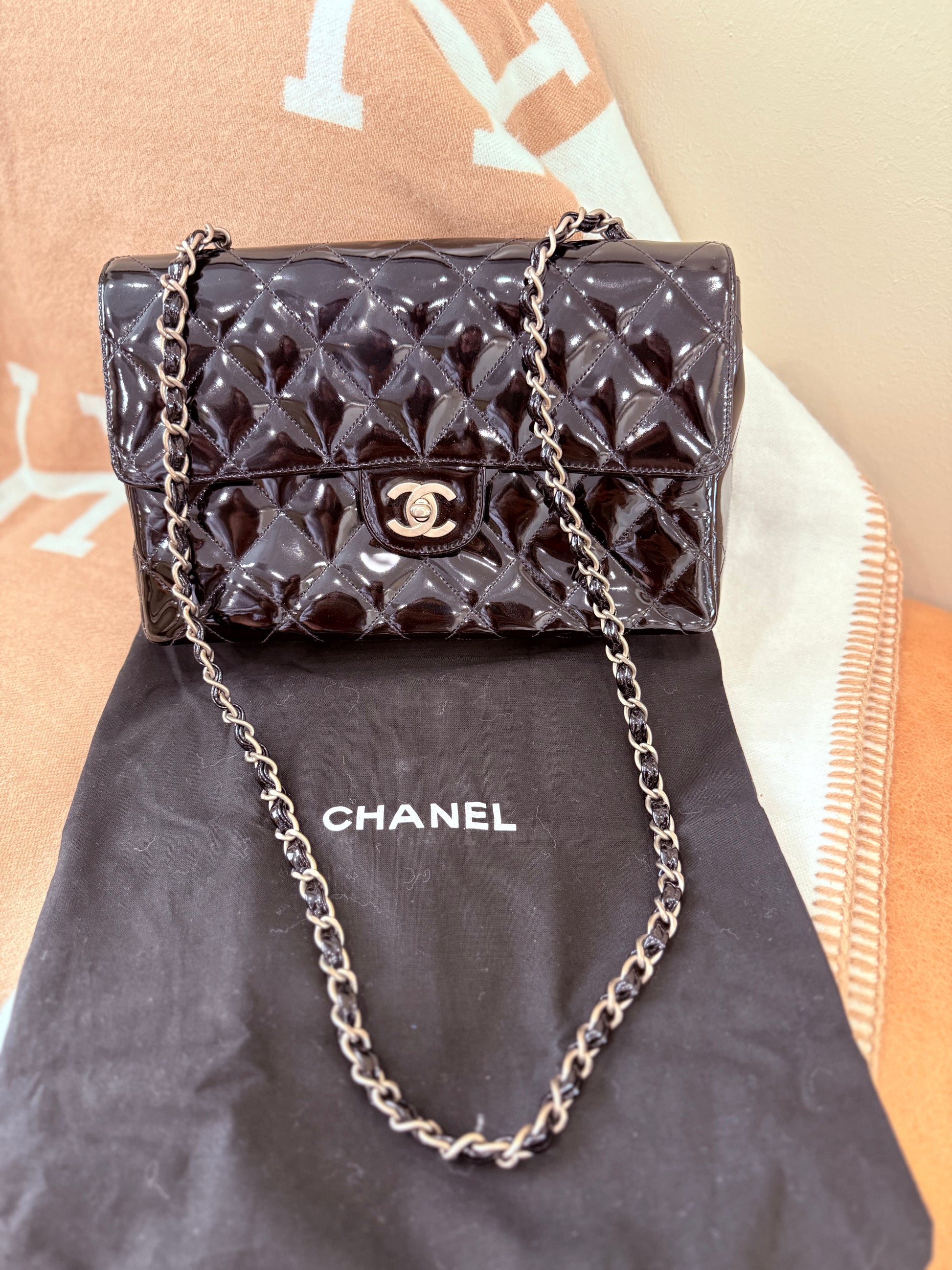 Chanel Quilted Black Patent Leather Flap Bag