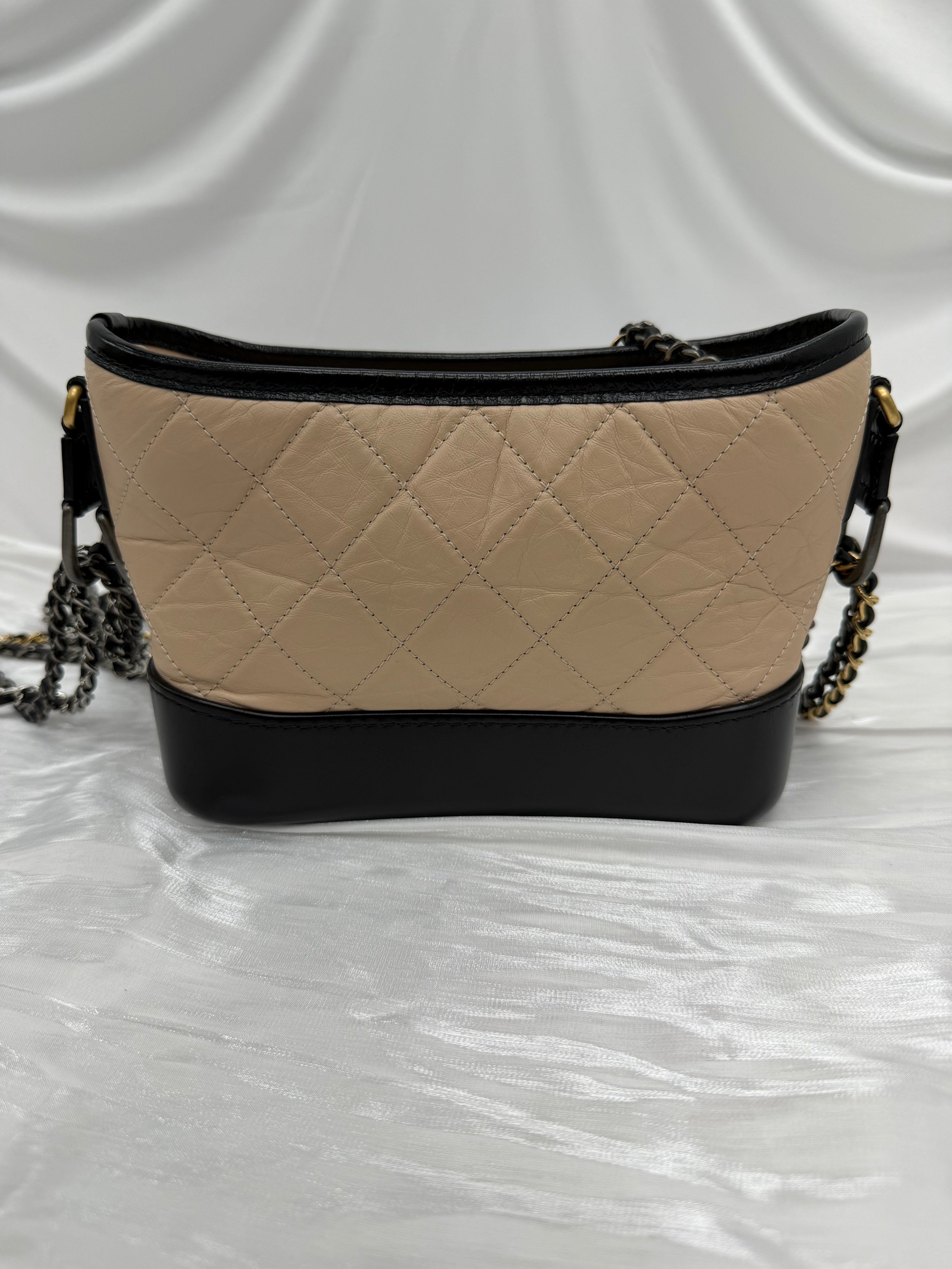 Chanel Beige & Black Aged Quilted Calfskin Small Gabrielle Hobo Bag