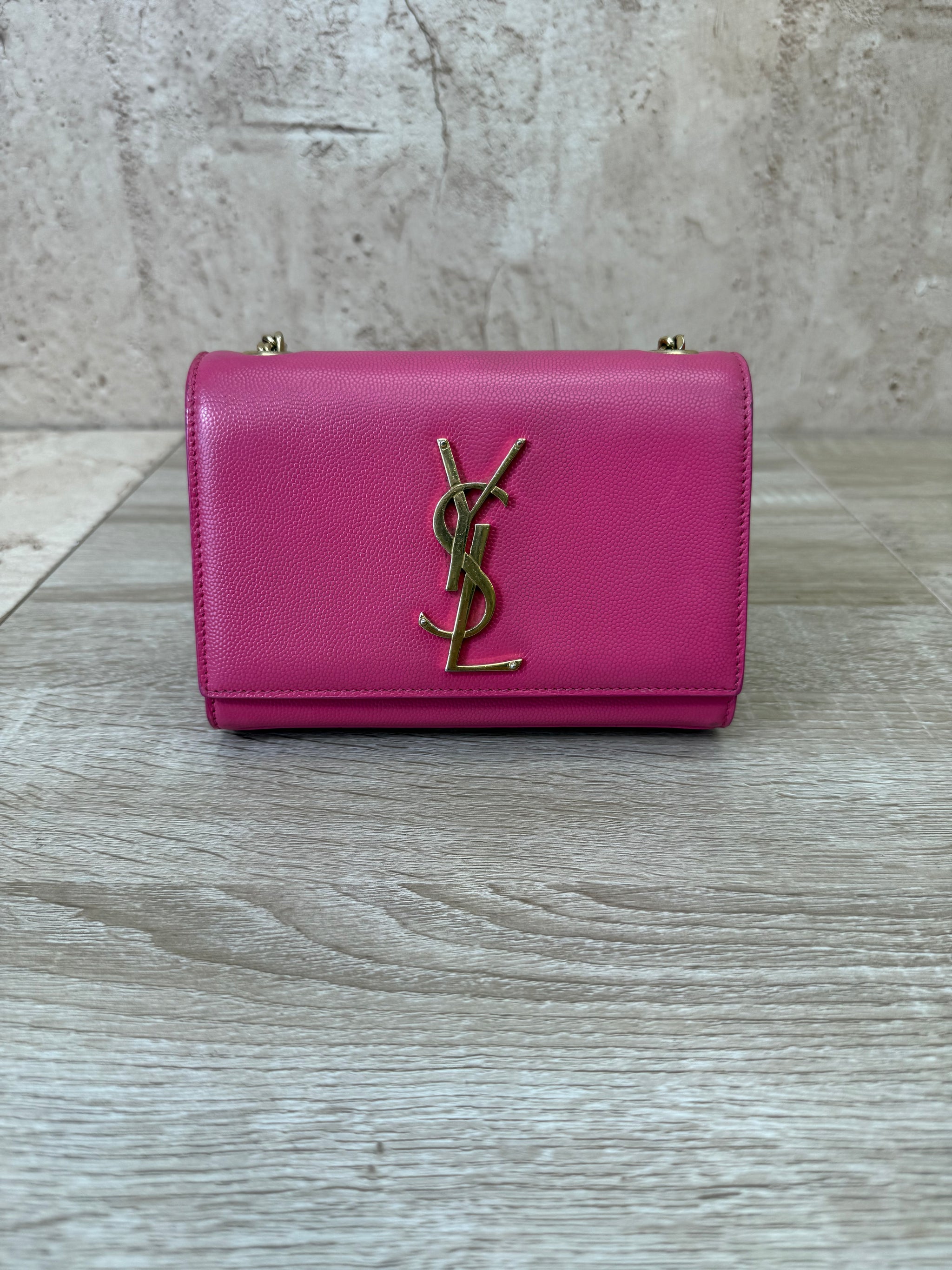 Saint Laurent YSL Hot Pink Pebbled Leather Kate Crossbody Bag