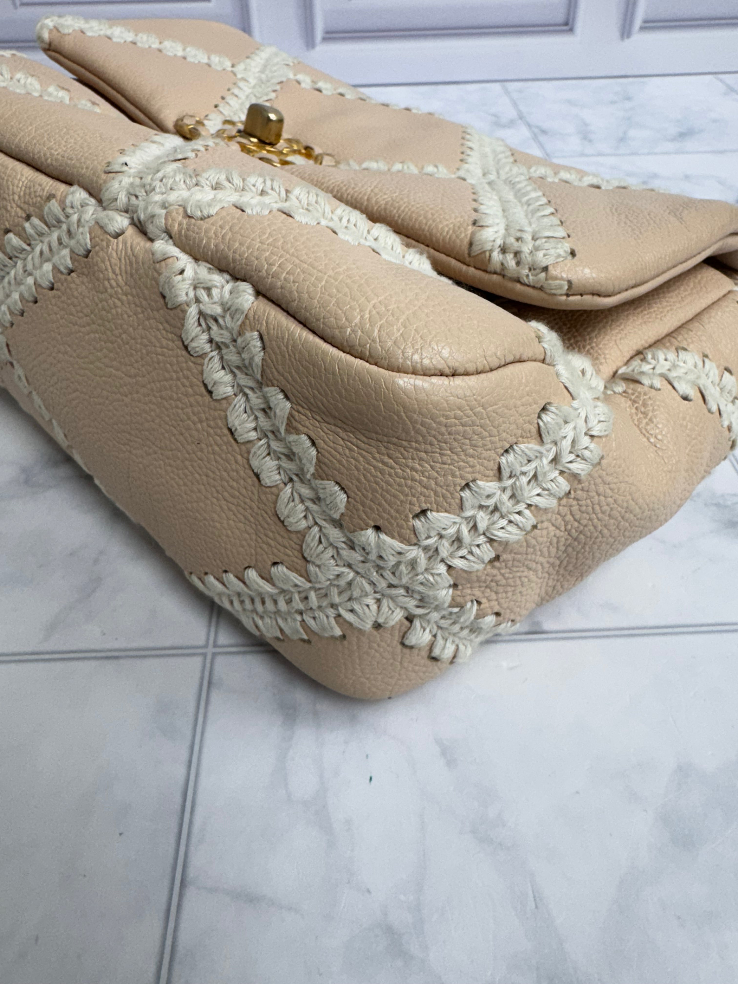 Chanel Beige Grained Leather And Crochet Stitch Chanel 19 Small Flap Bag