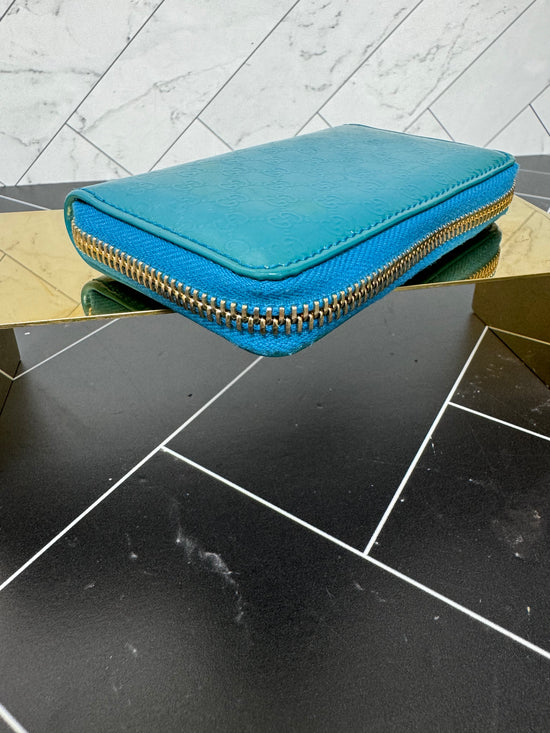 Gucci Teal Patent Leather Guccisima Compact Zippy Wallet