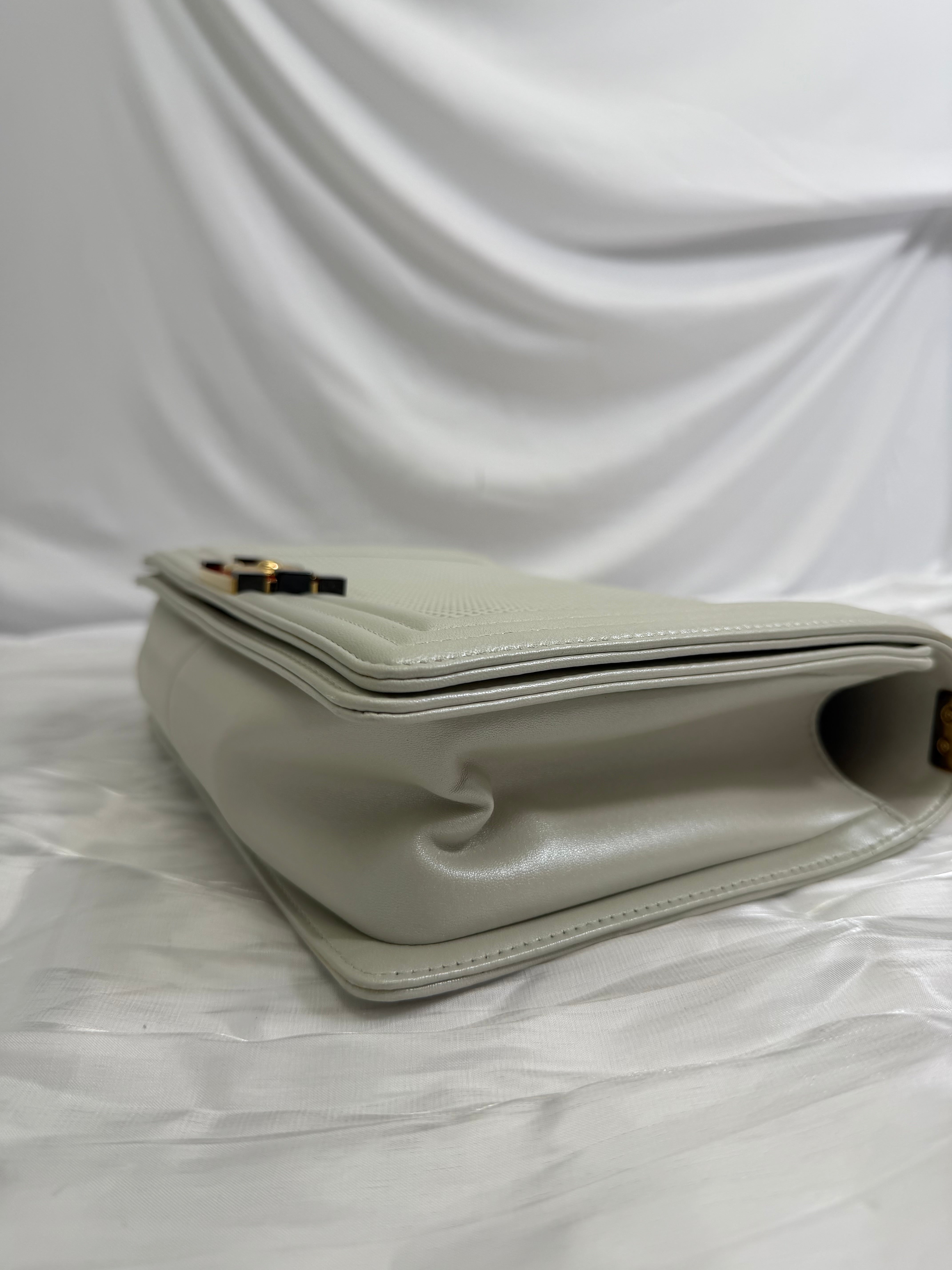 Chanel White Calfskin Cube Embossed Medium Boy Bag