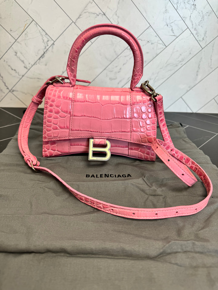 Balenciaga Pink Croc Embossed 2Way Mini Hourglass Bag