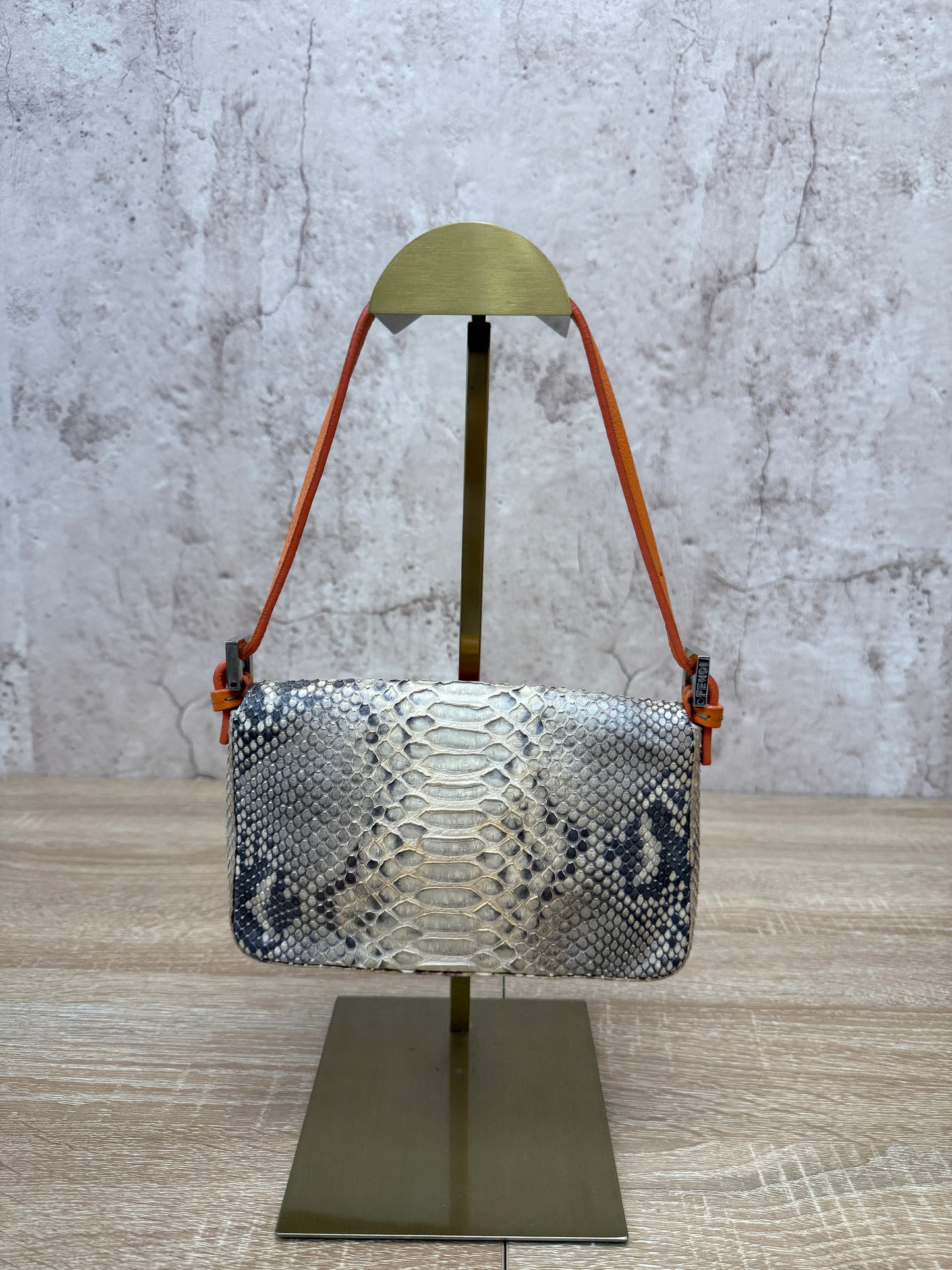 Fendi Orange Leather and Python Selleria Baguette Bag