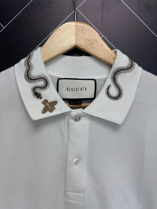 Gucci White Snake & Bee Embroidered Polo Size Medium