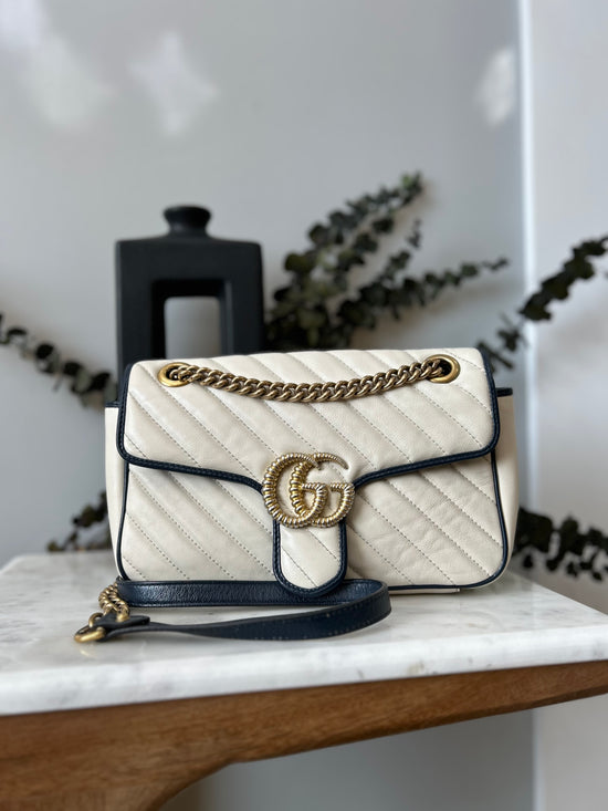 Gucci White And Navy GG Marmont Medium Flap Bag