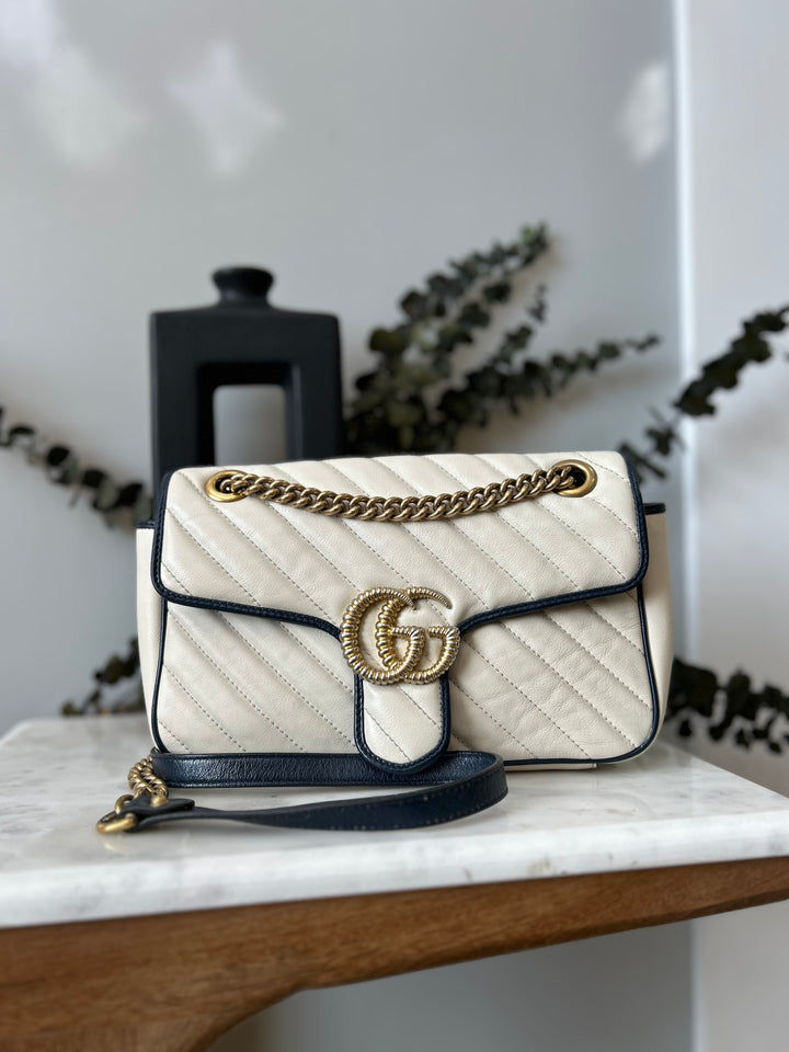 Gucci White And Navy GG Marmont Medium Flap Bag