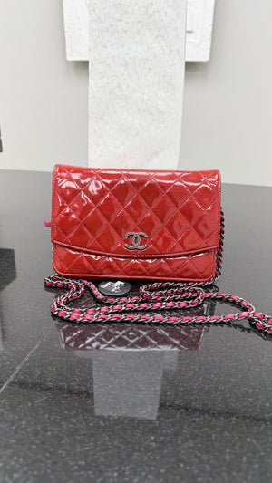 Chanel Rose Red Quilted Patent Leather Wallet on a Chain