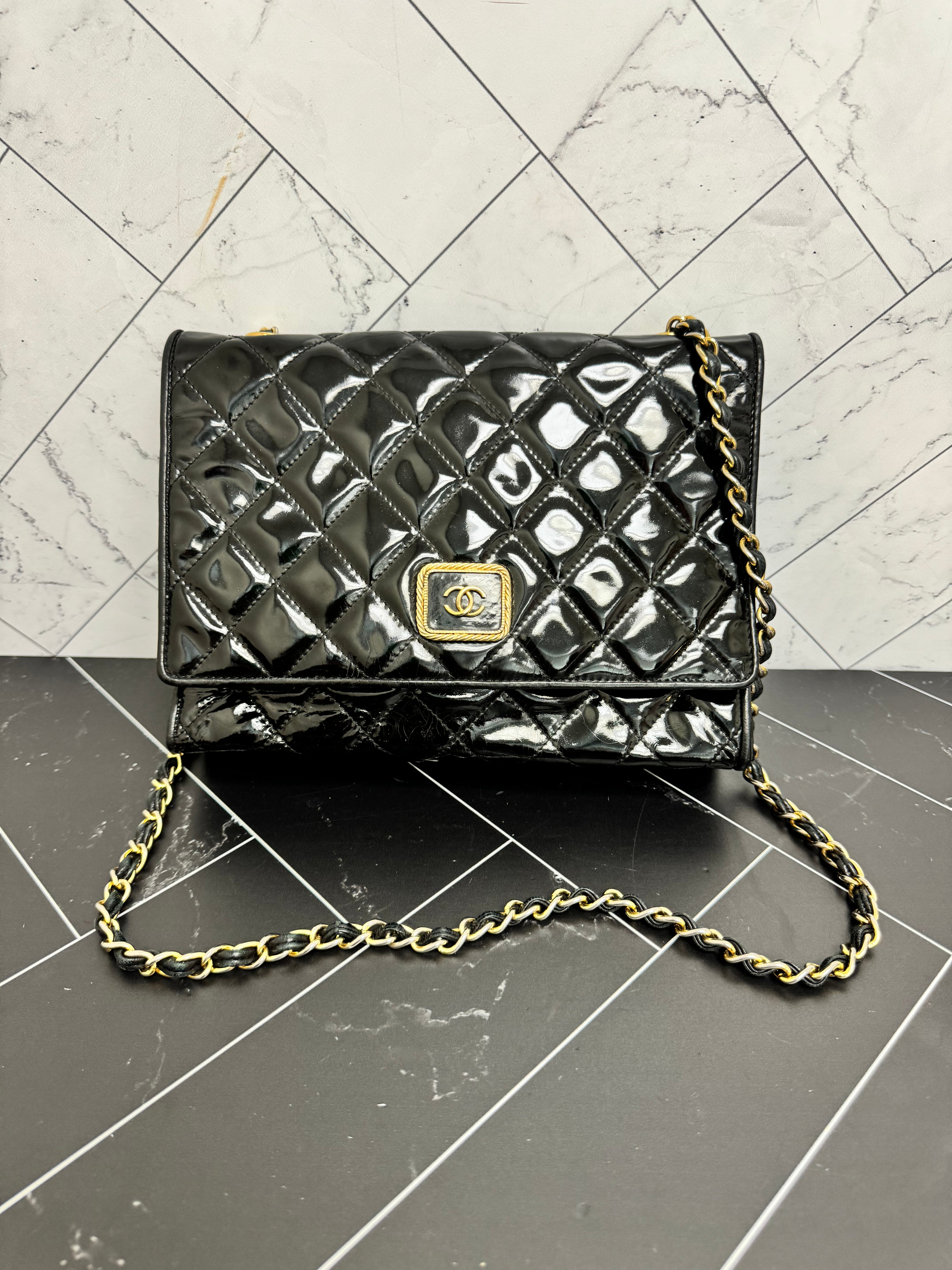 Chanel Vintage Black Quilted Patent Leather Shoulder Chain Bag