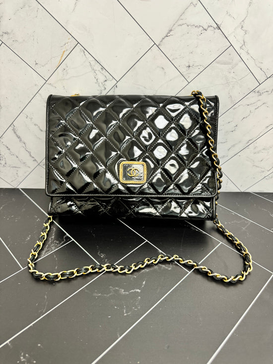 Chanel Vintage Black Quilted Patent Leather Shoulder Chain Bag