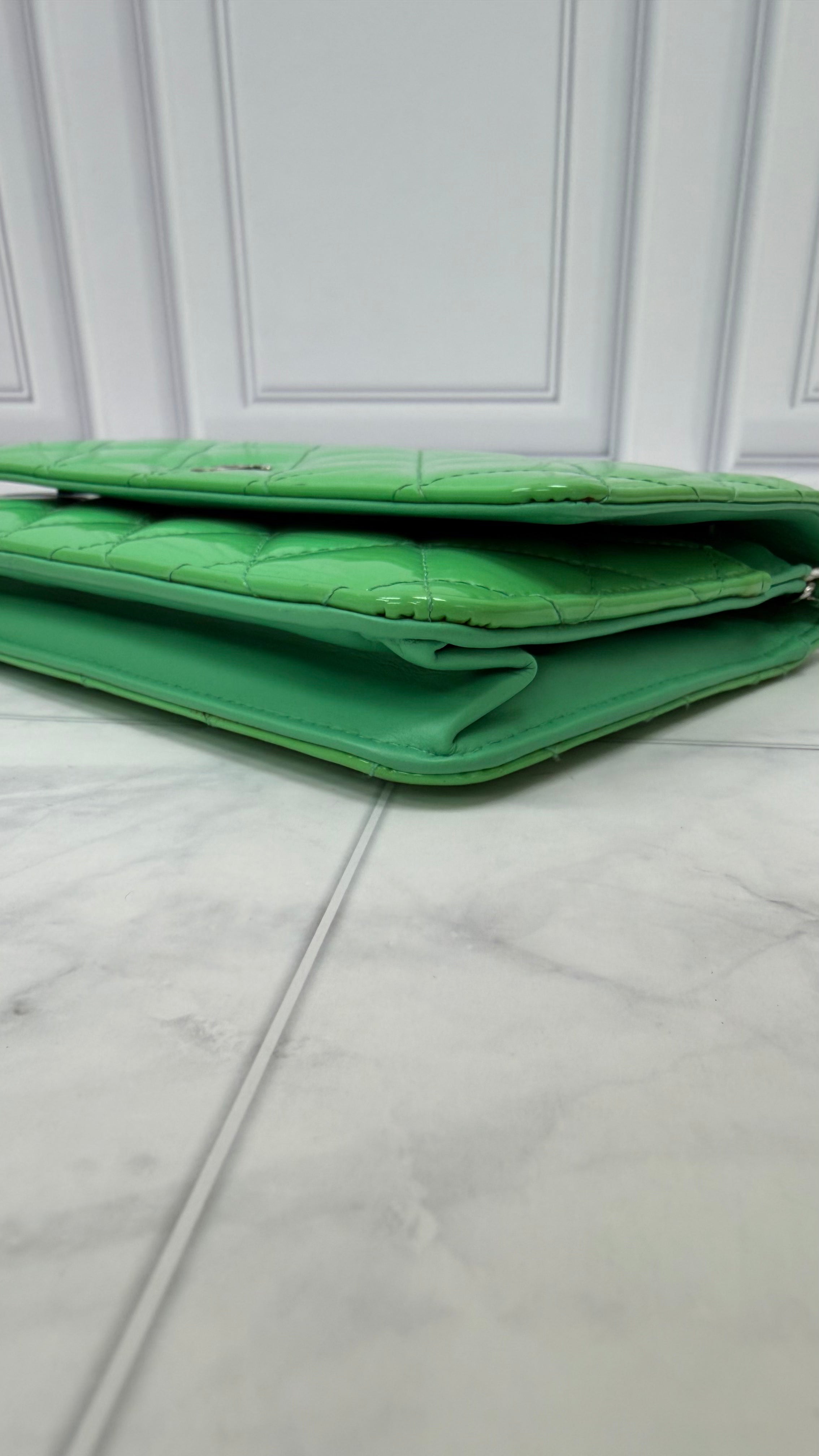 Chanel Seafoam Green Quilted Patent Leather Wallet on a Chain