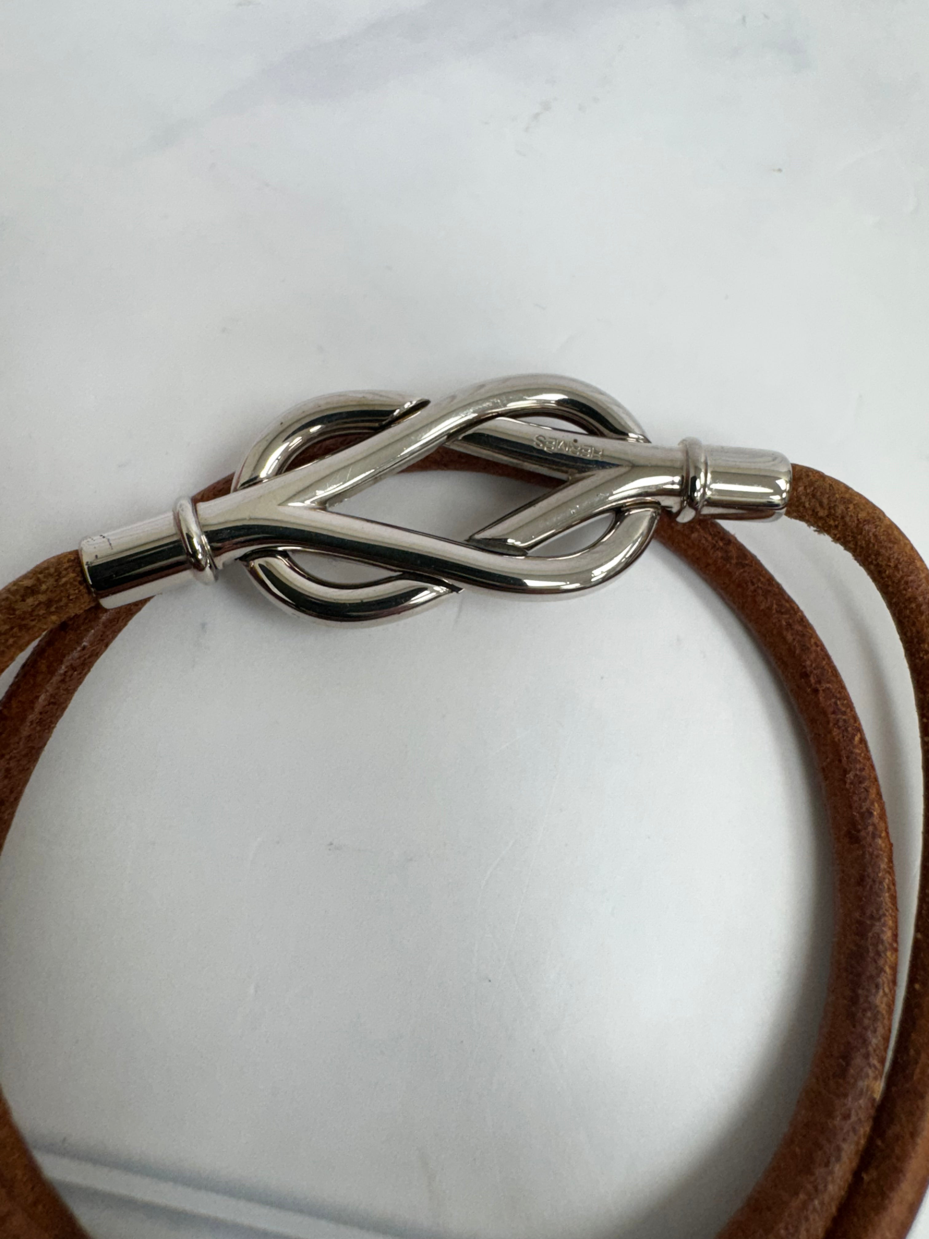 Hermes Silver Tone And Leather Double Tour Atame Bracelet