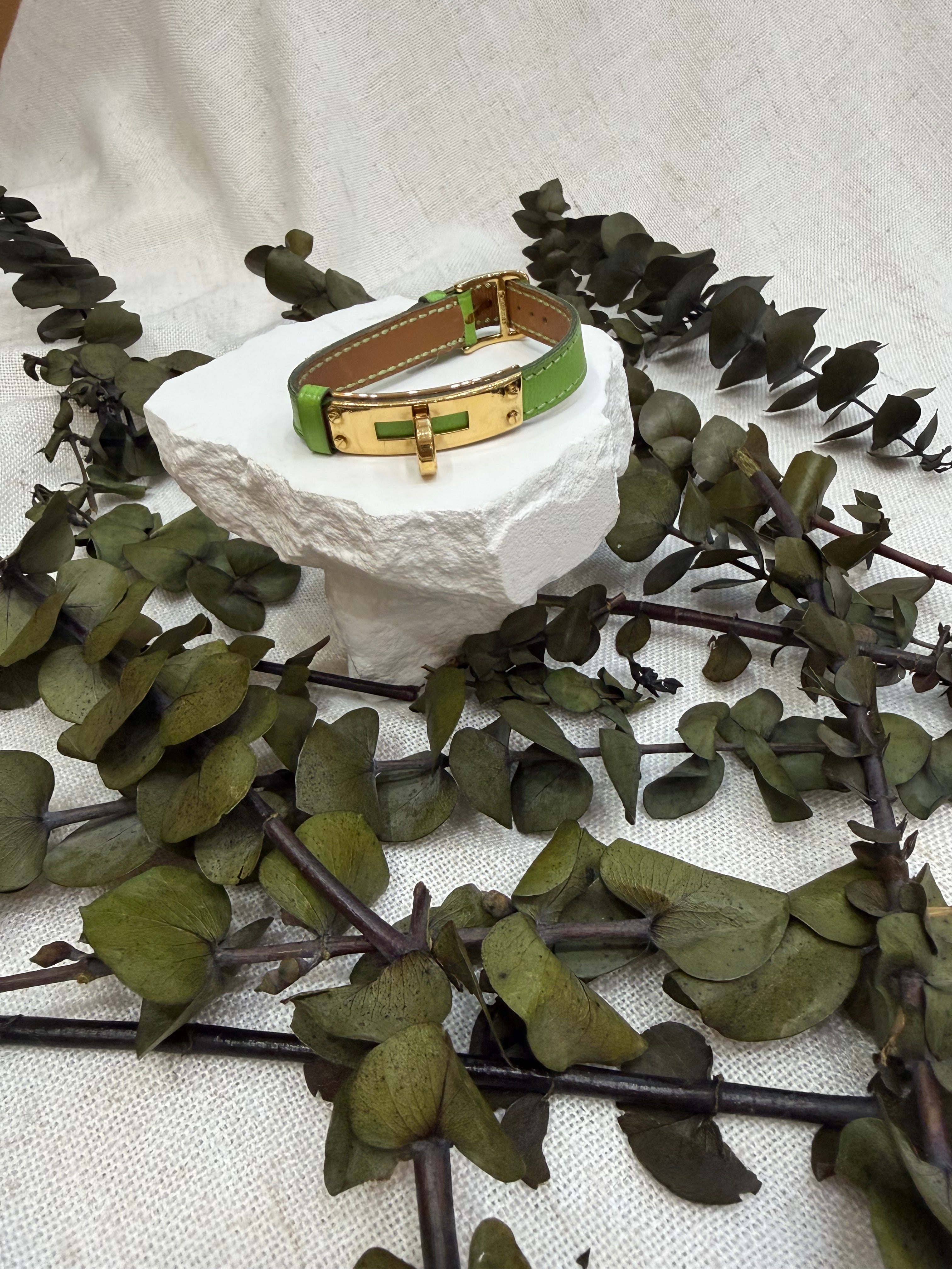 Hermes Lime Green Kelly Clasp Leather Bracelet