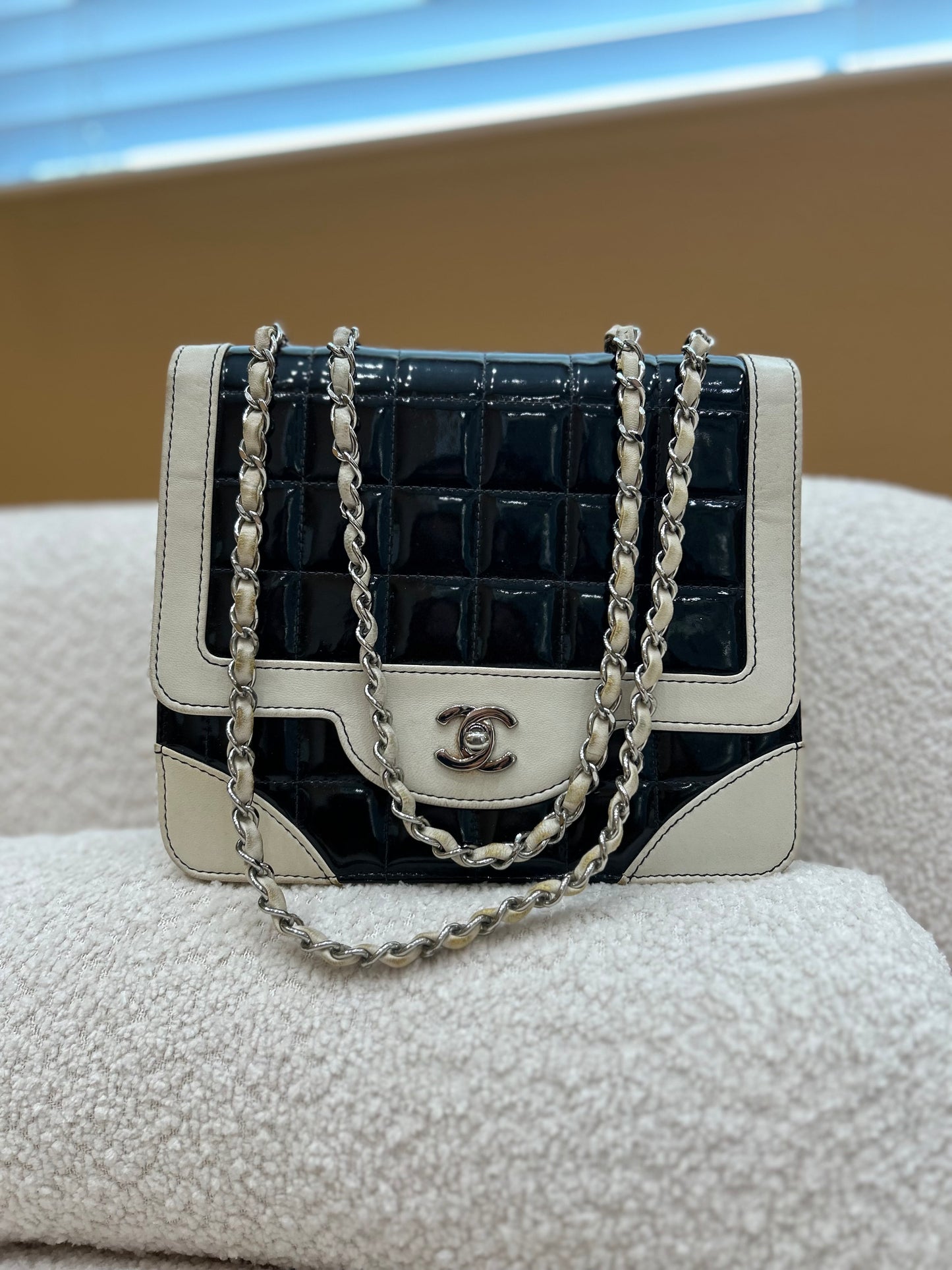 Chanel White & Black Patent Leather Chocolate Bar Square Bag