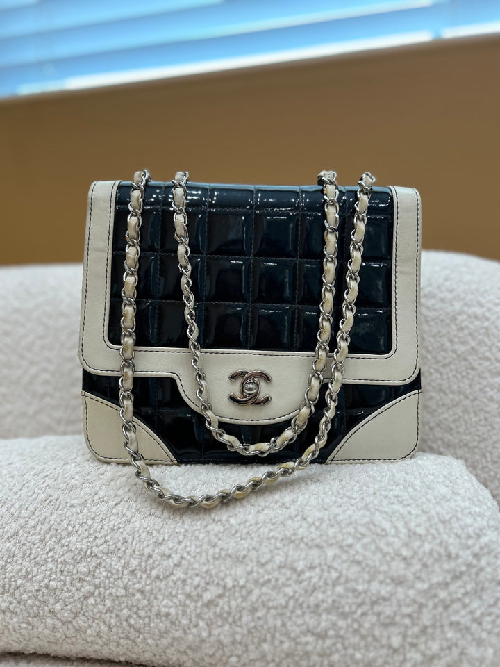 Chanel White & Black Patent Leather Chocolate Bar Square Bag